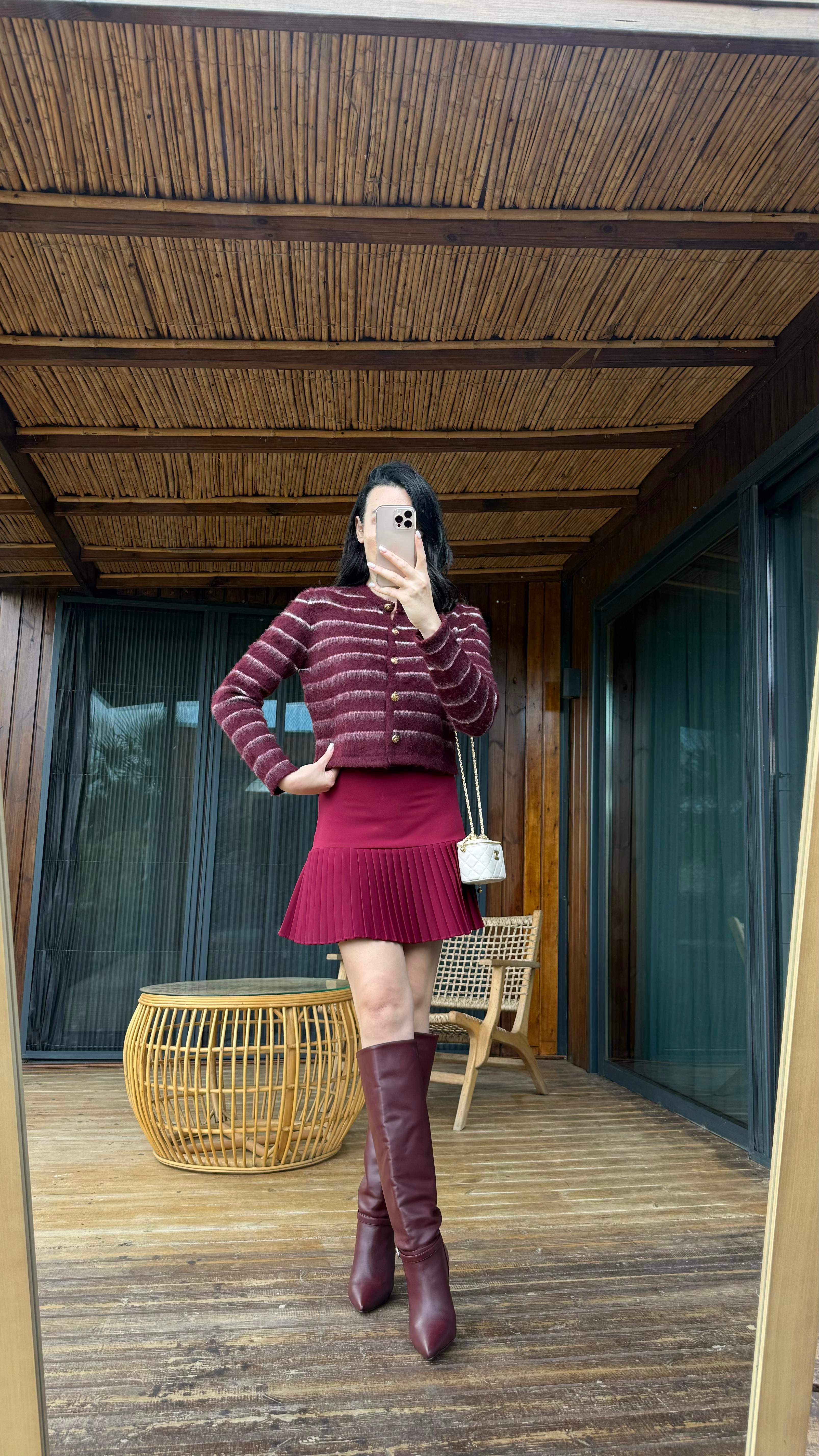 Bordo Pileli Etek
