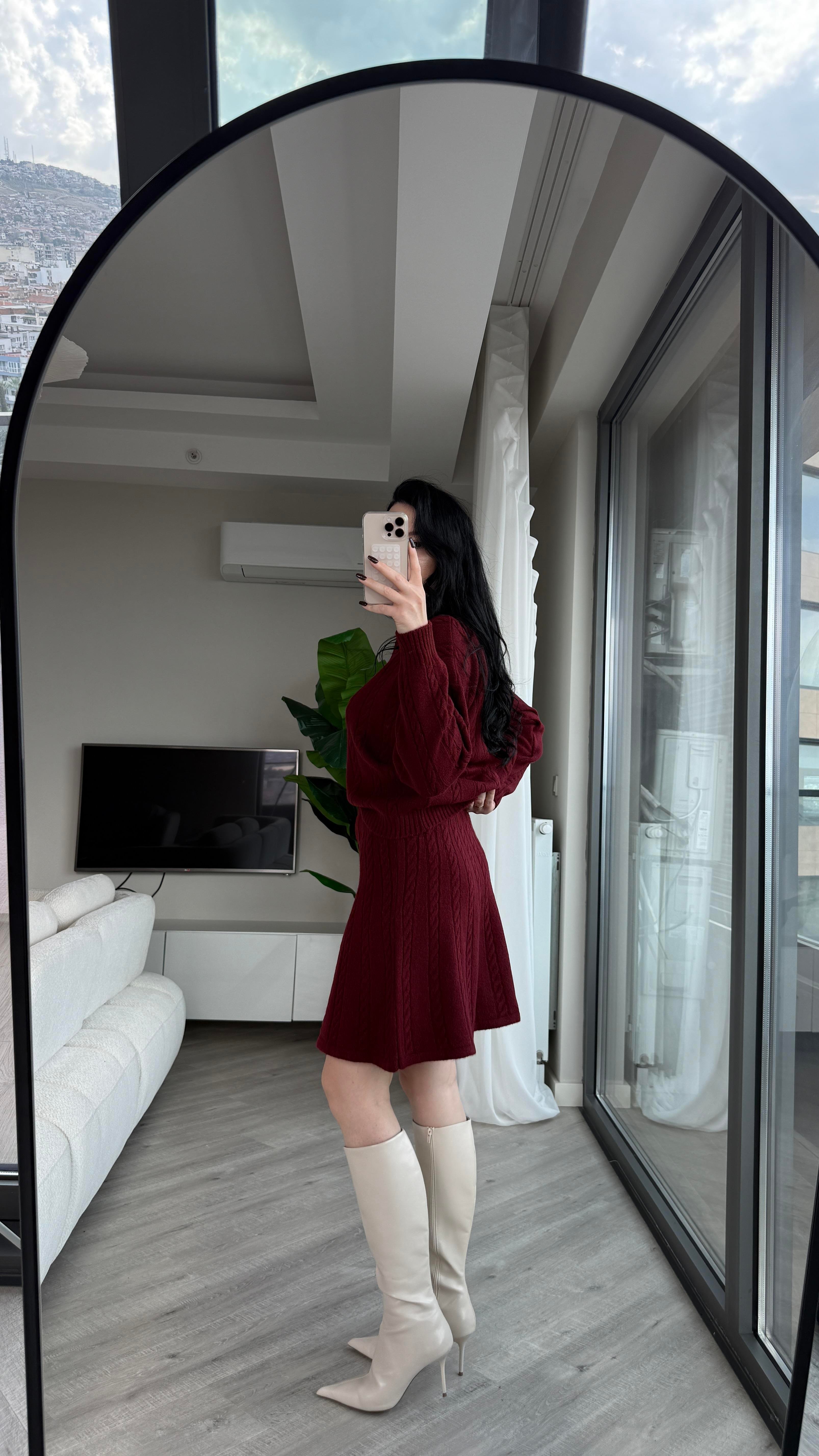 Bordo Saç Örgü Etekli Triko Takım