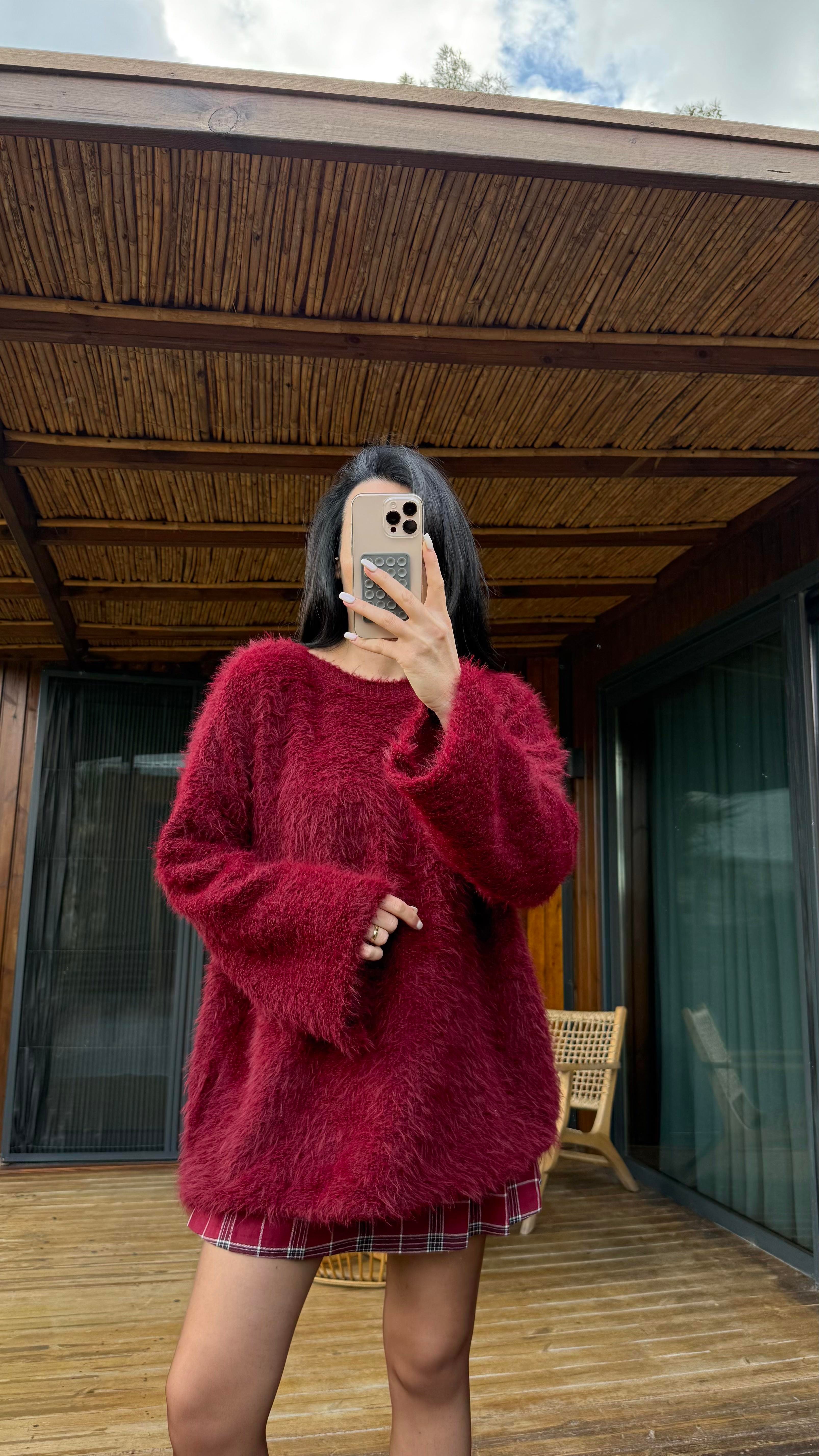 Bordo Sakallı Oversize Kazak