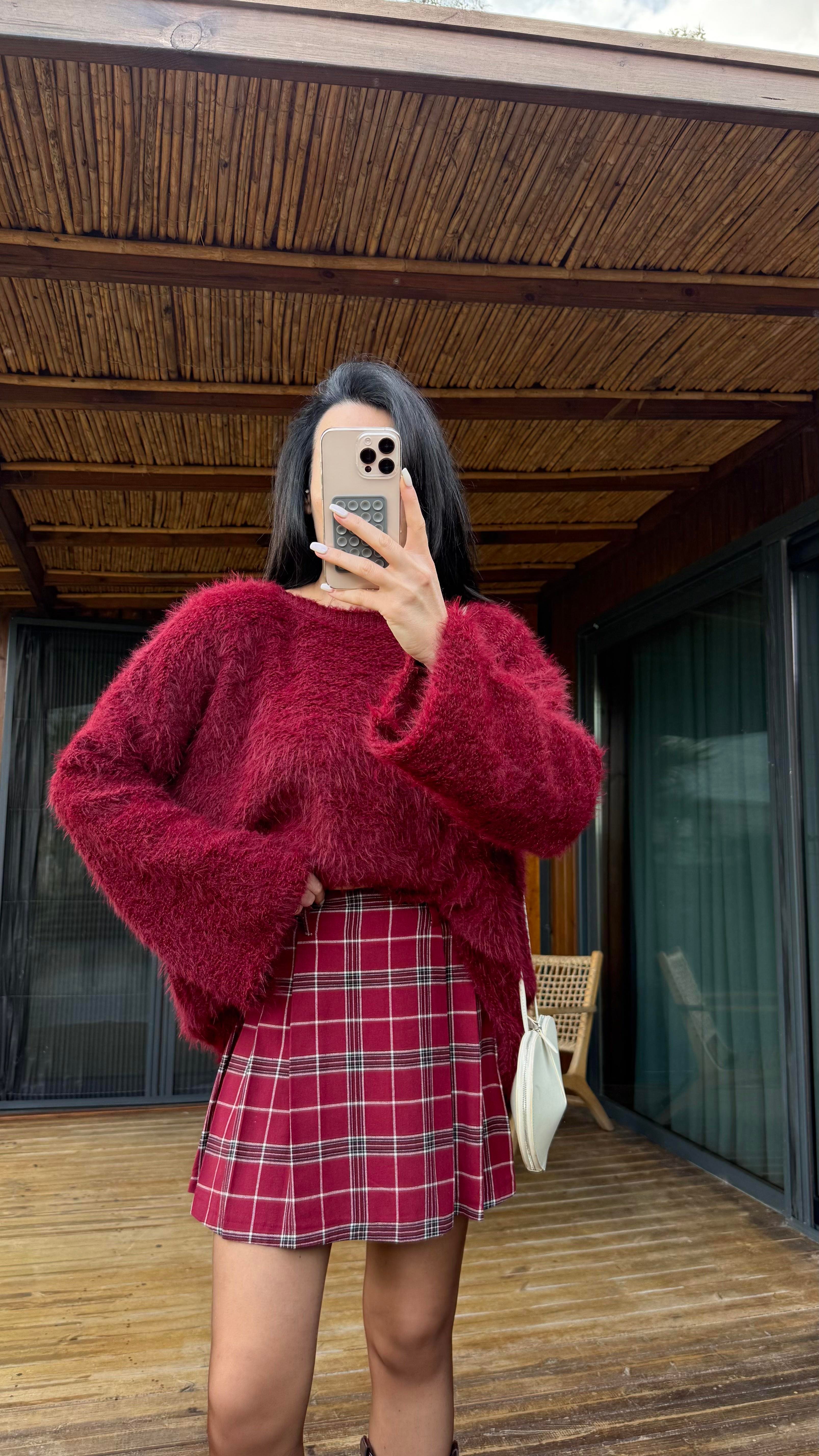 Bordo Sakallı Oversize Kazak