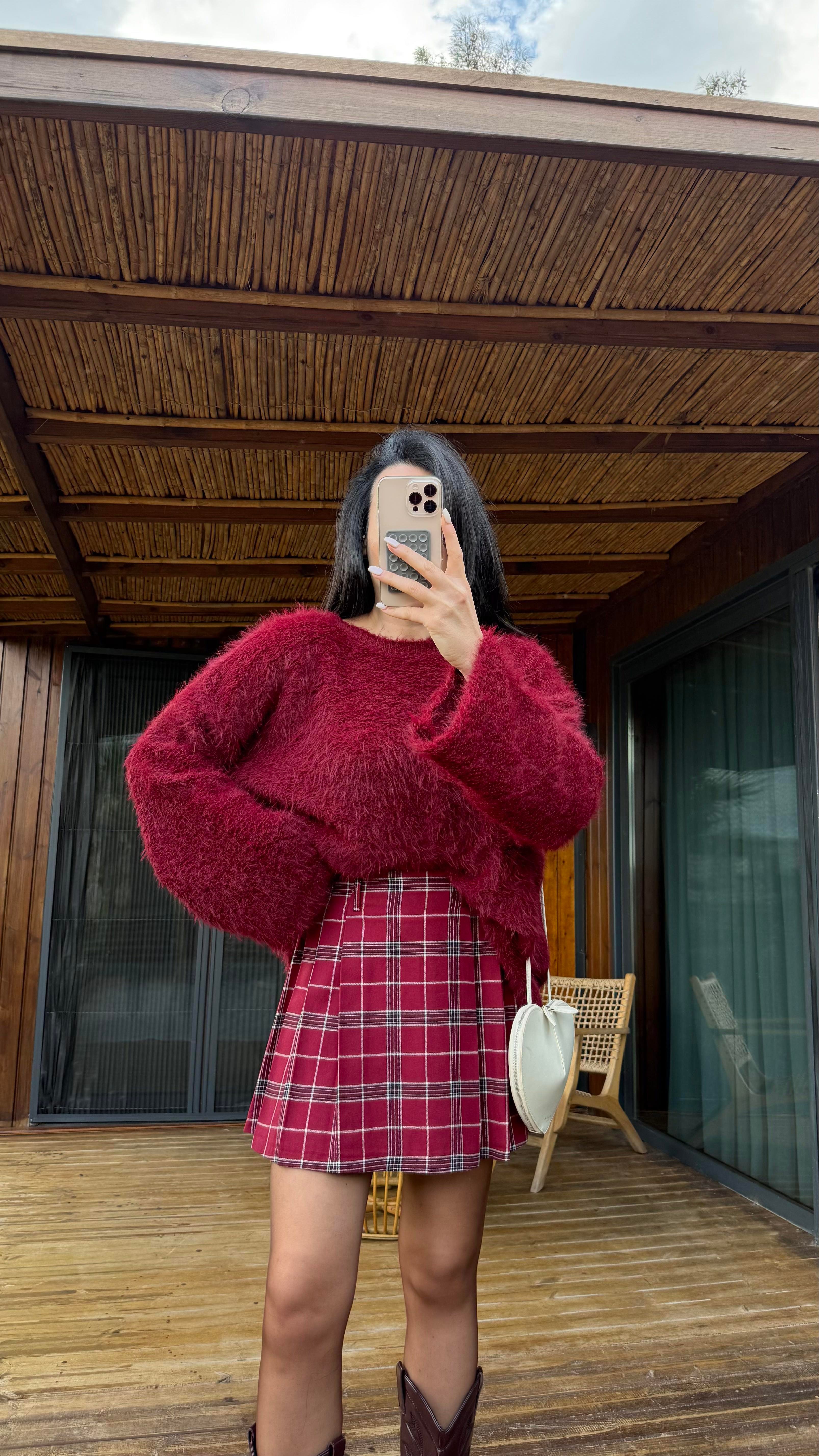 Bordo Sakallı Oversize Kazak