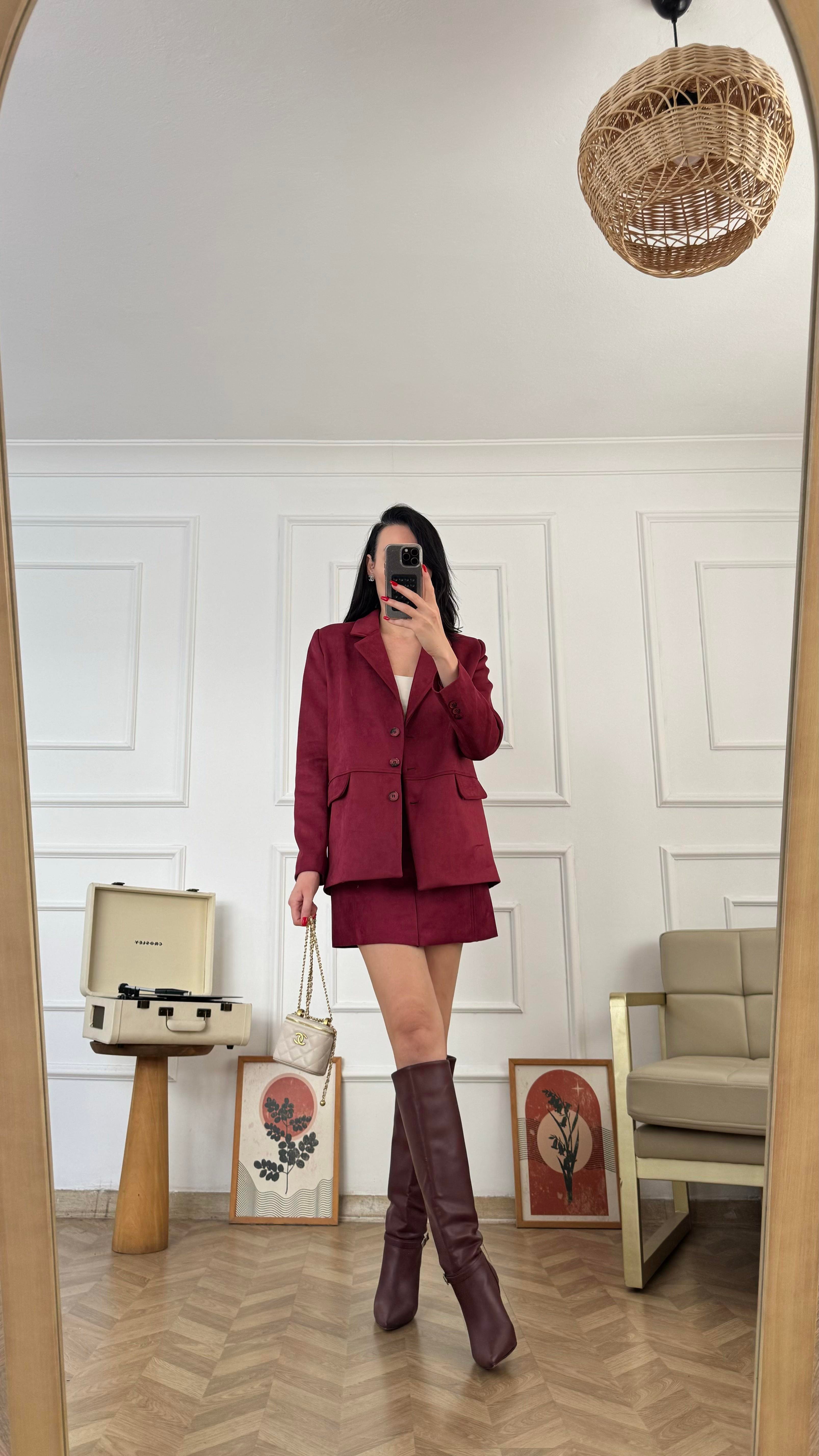 Bordo Süet Blazer Ceket 