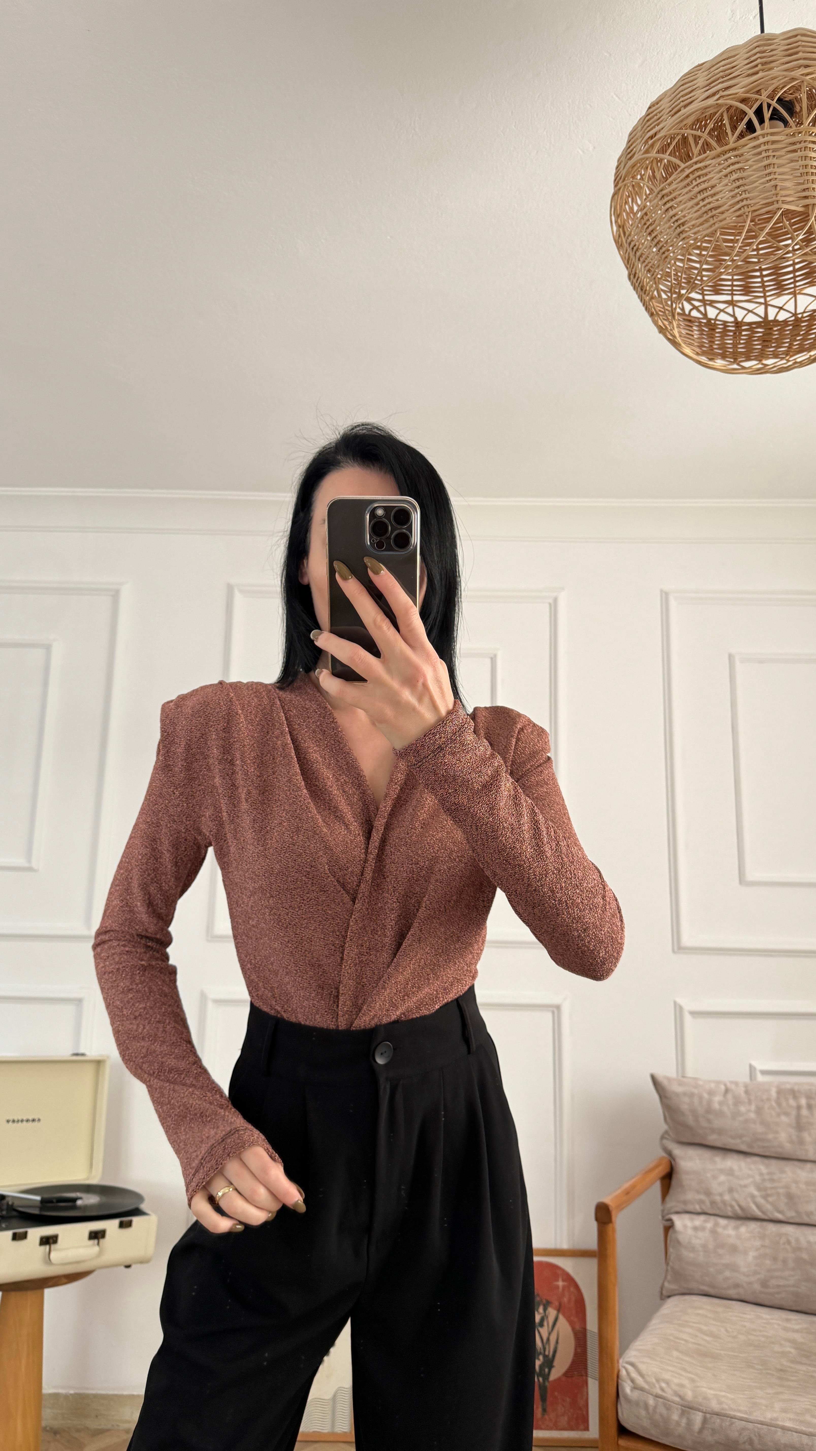 Bronz Işıltılı Kruvaze Bodysuit