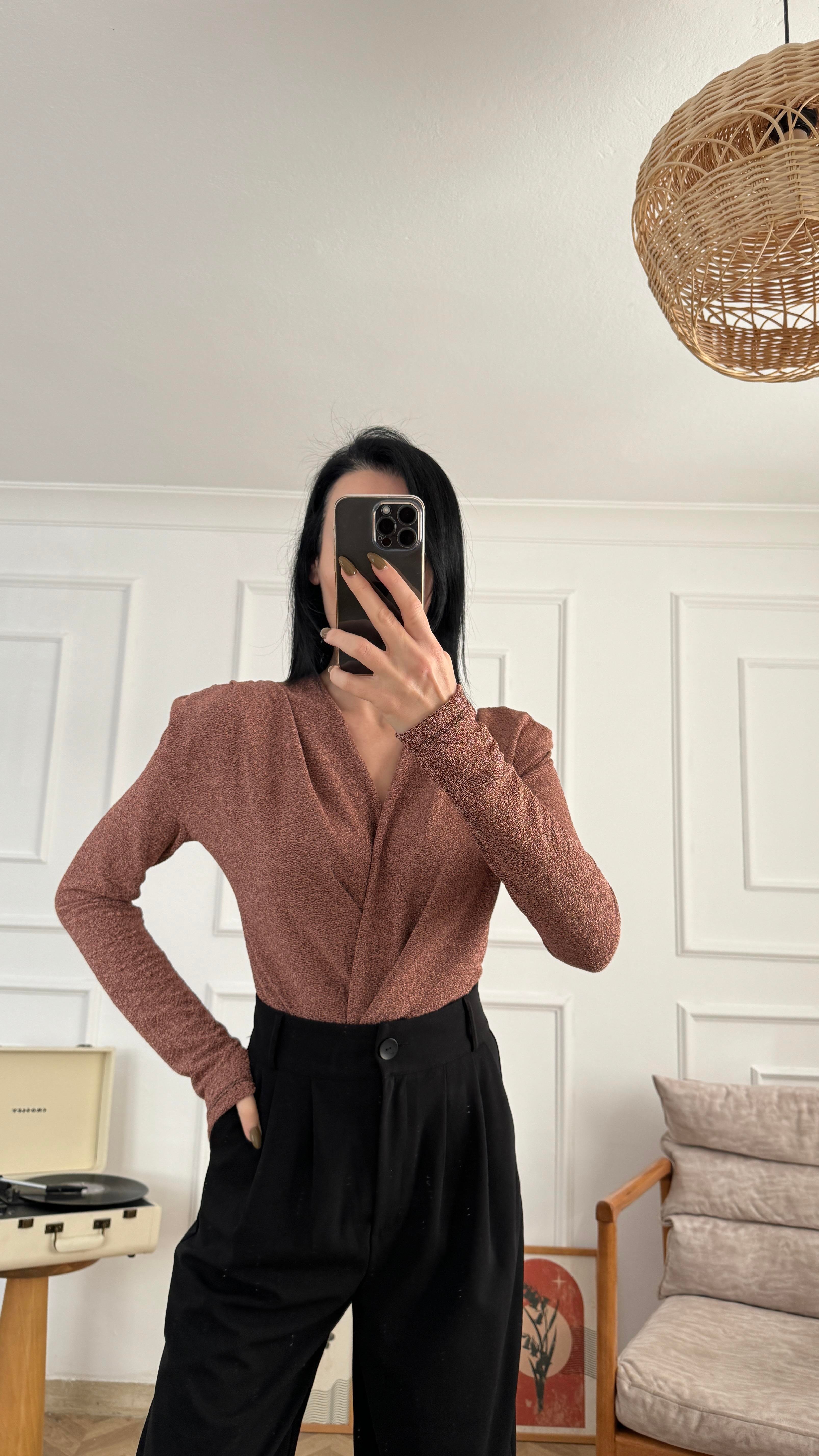 Bronz Işıltılı Kruvaze Bodysuit