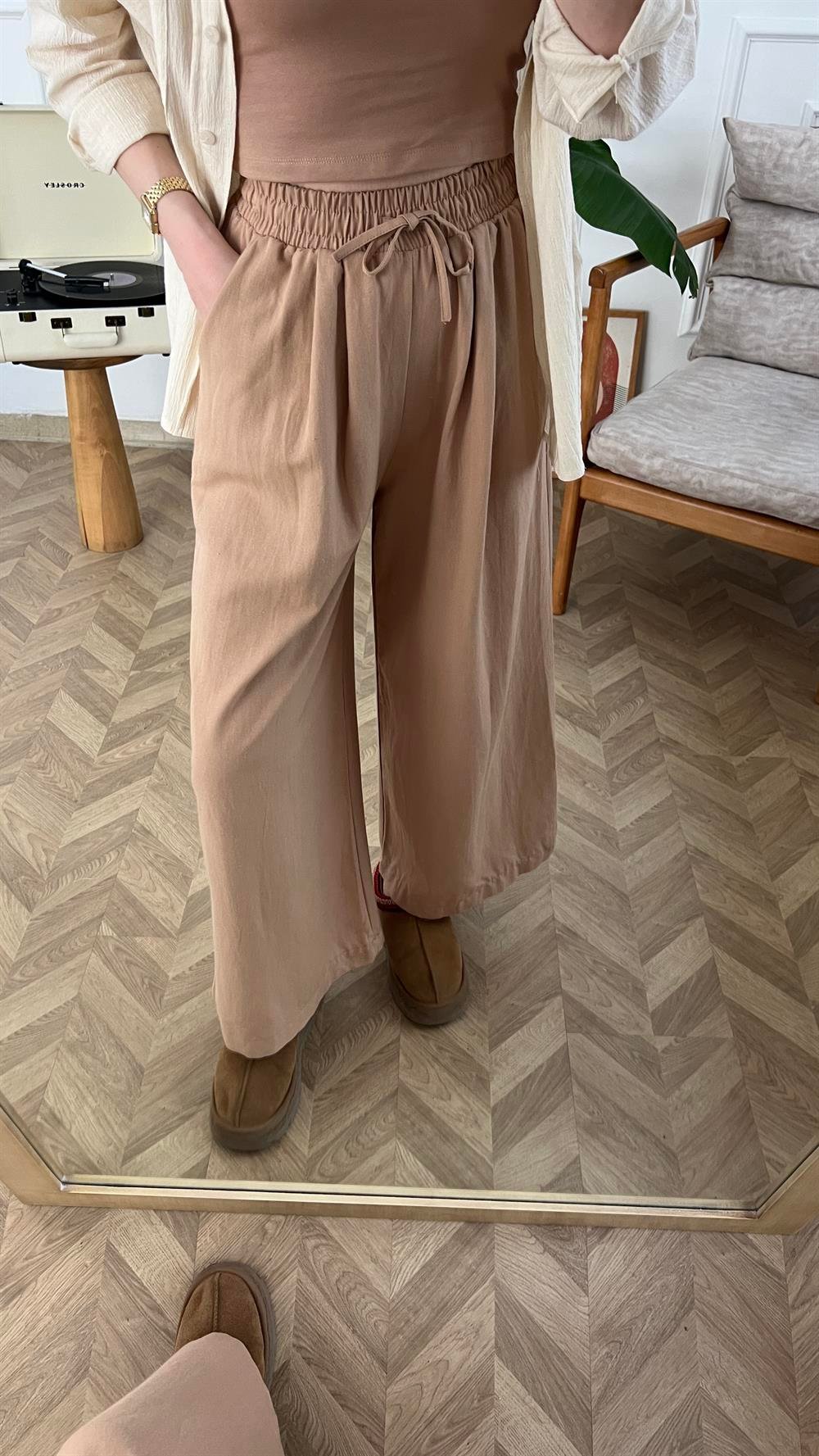 Camel Beli Lastikli Keten Bol Paça Pantolon