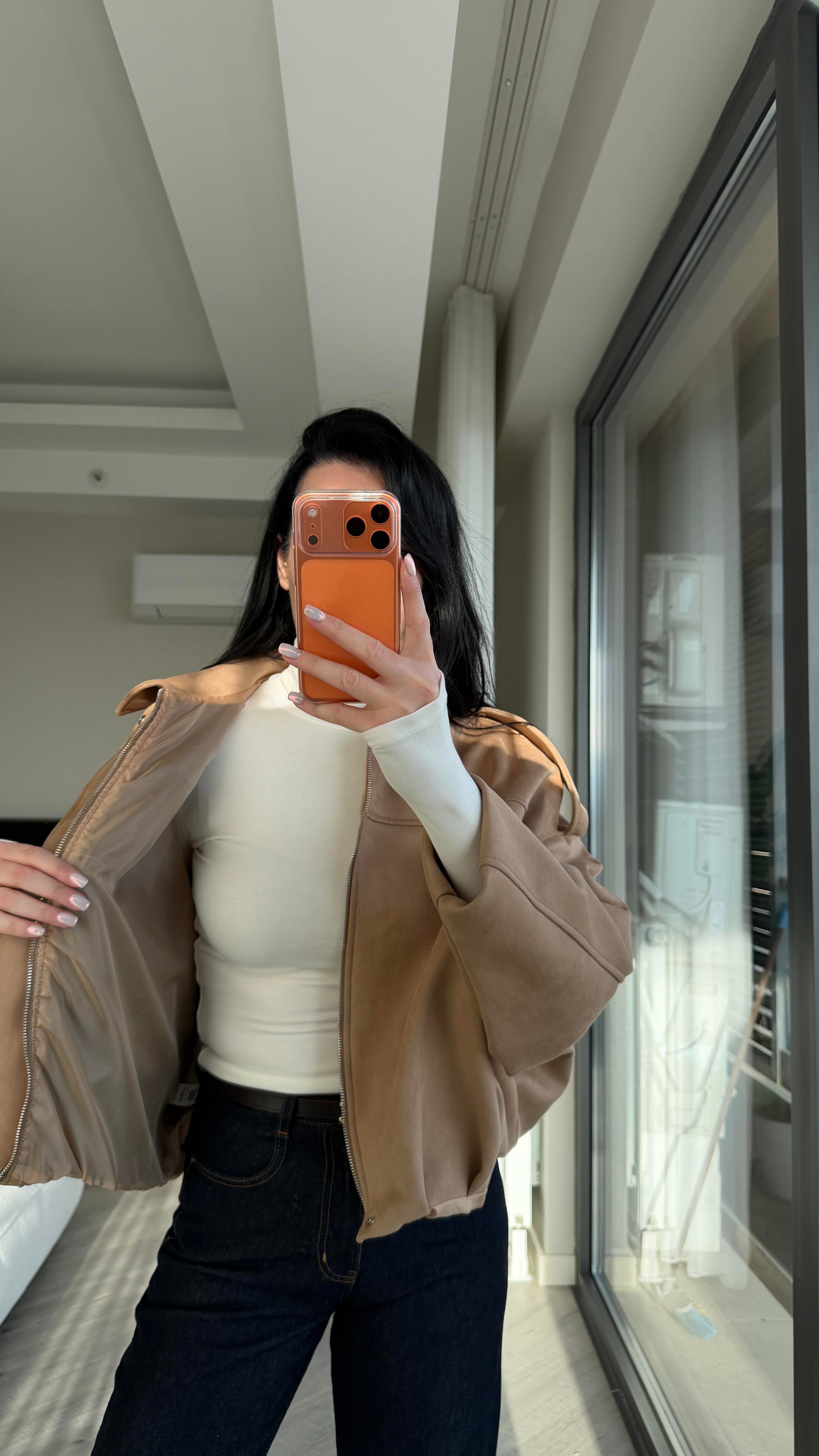 Camel Süet Bomber Ceket