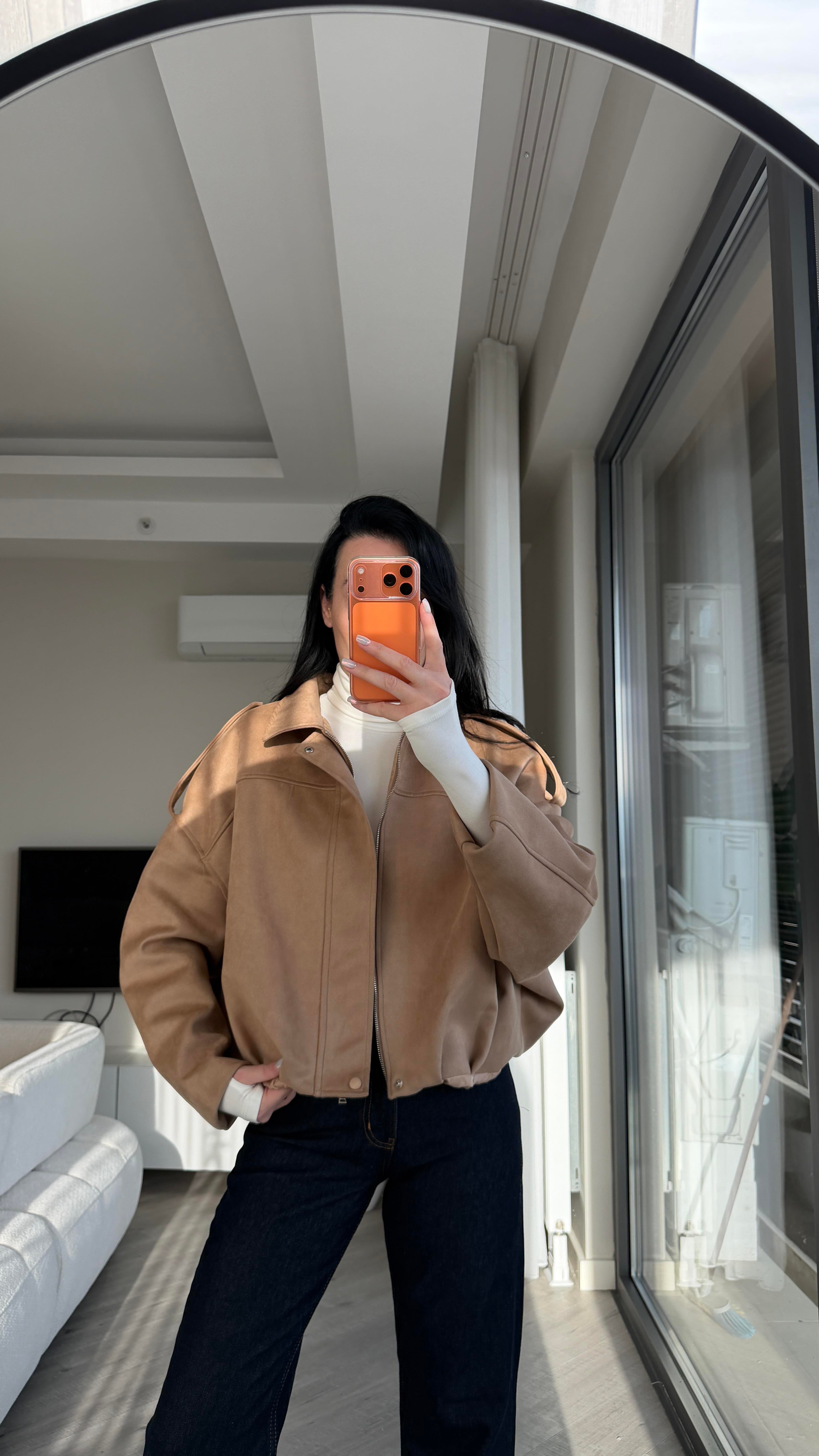 Camel Süet Bomber Ceket