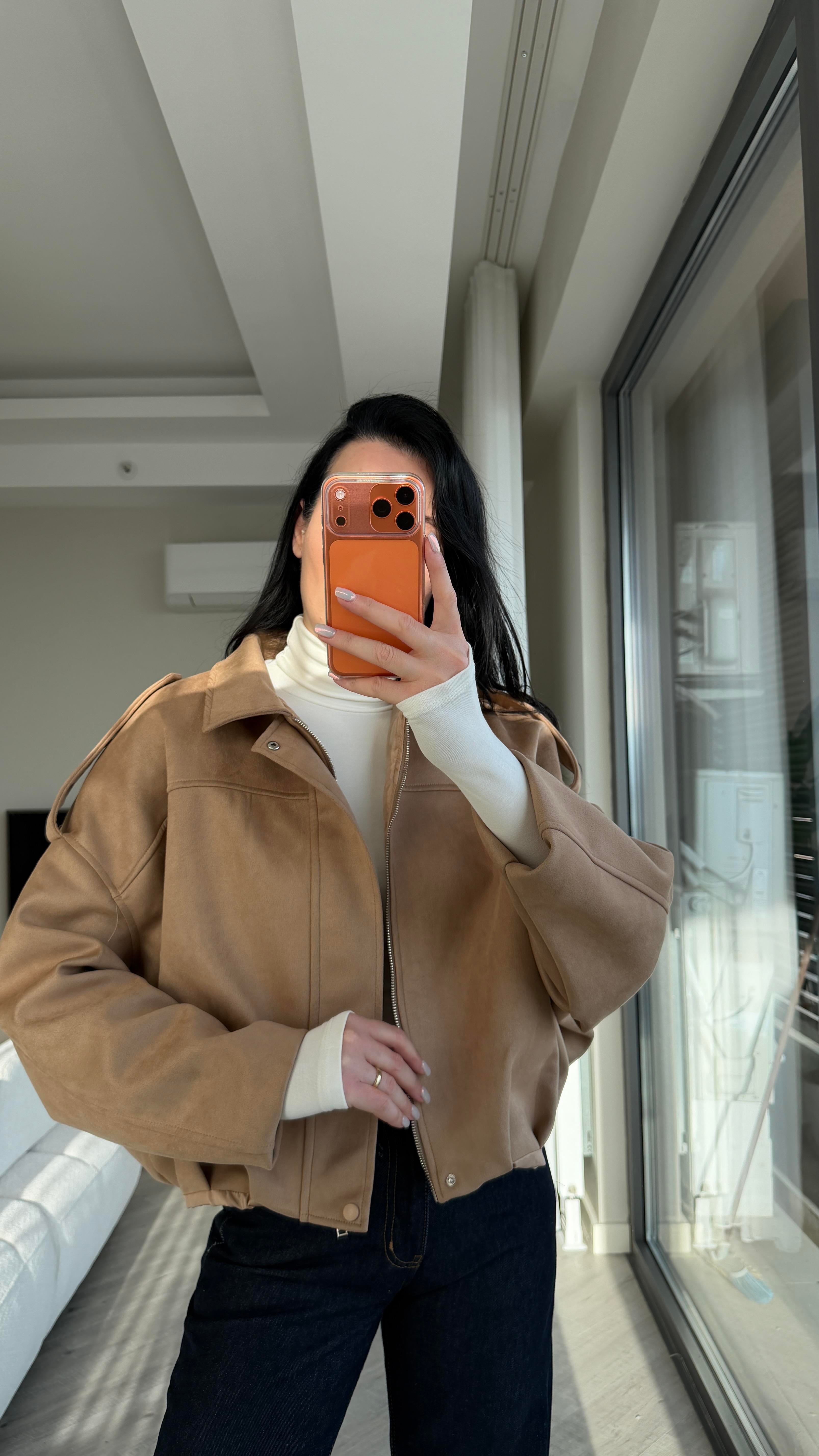 Camel Süet Bomber Ceket