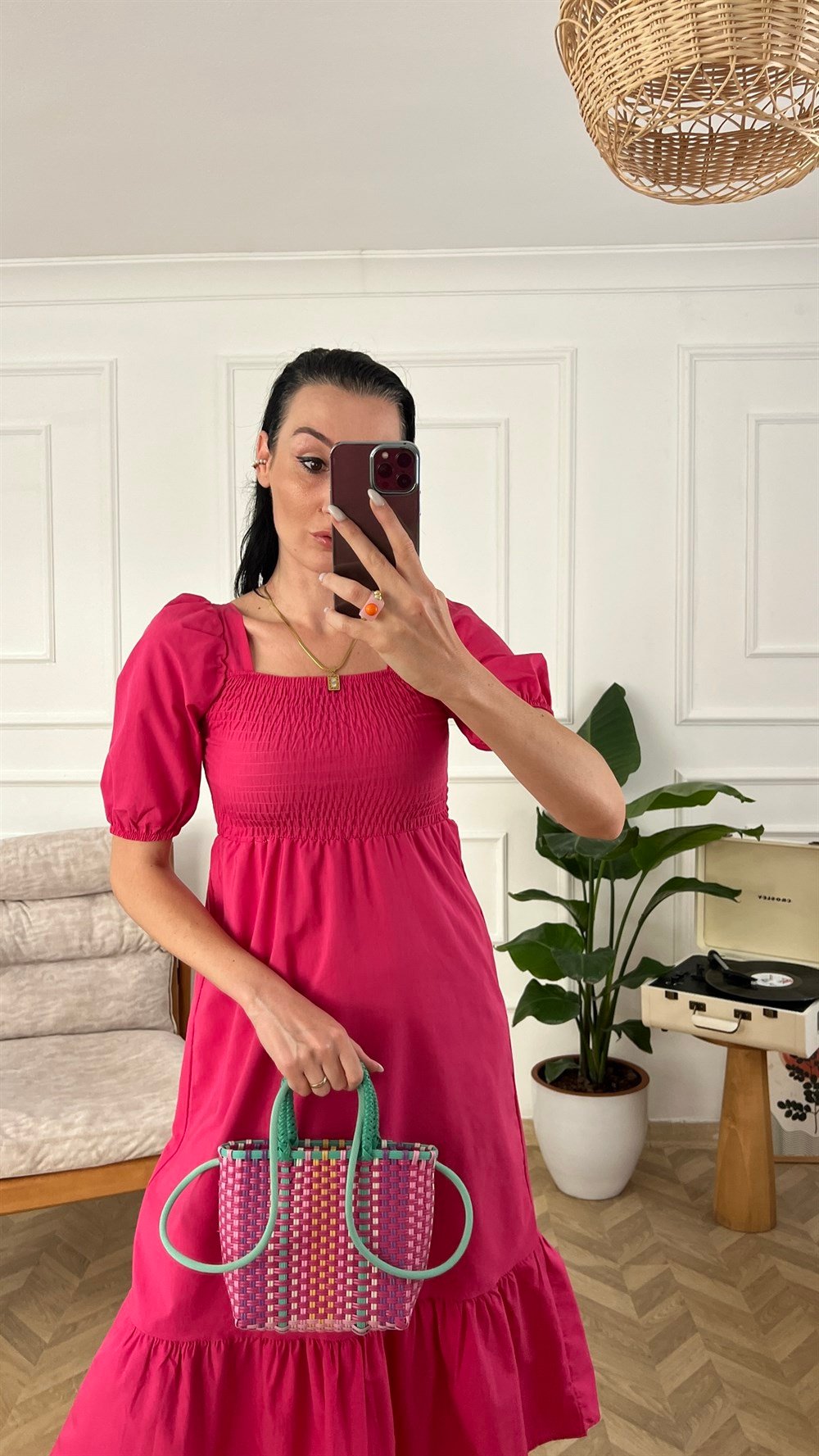 Fuşya Gipe Detaylı Poplin Elbise