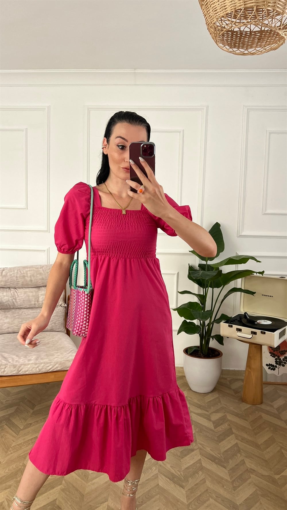 Fuşya Gipe Detaylı Poplin Elbise