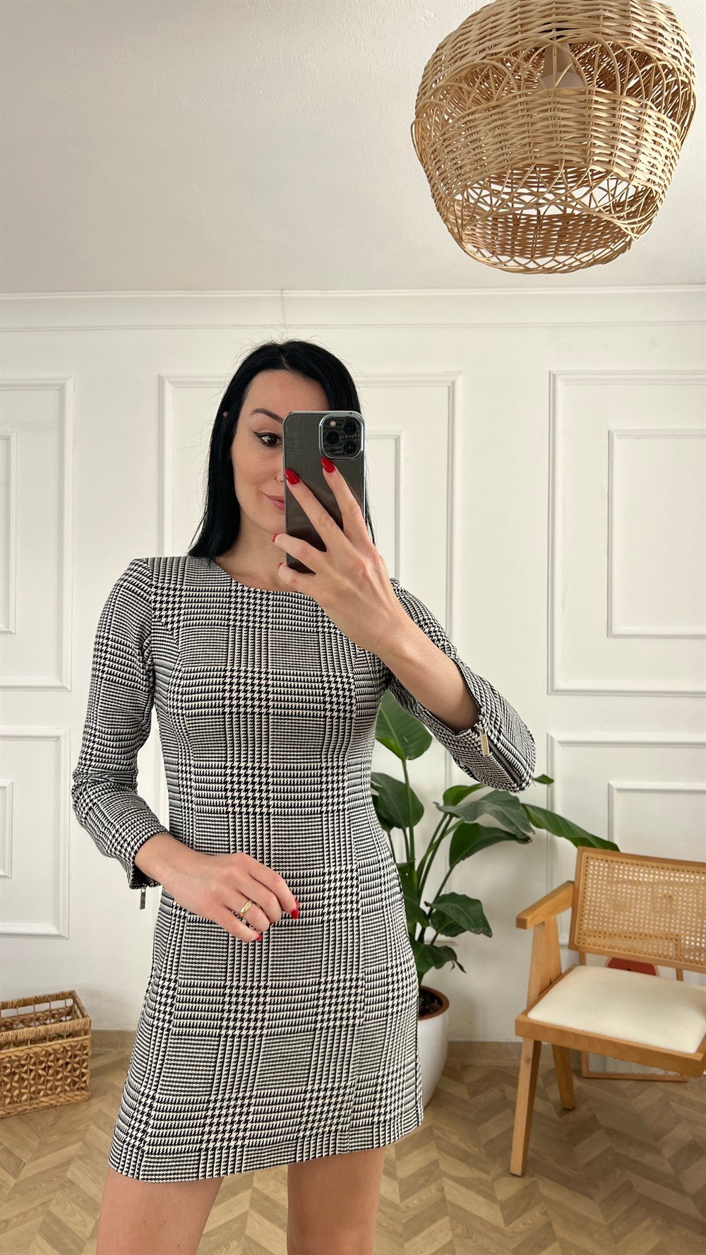 Gri Ekose Desen Elbise