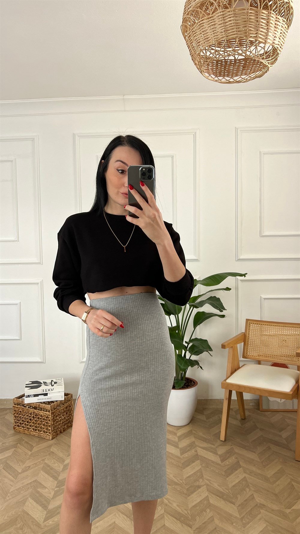 Gri Yırtmaç Detaylı Fitilli Kaşkorse Etek