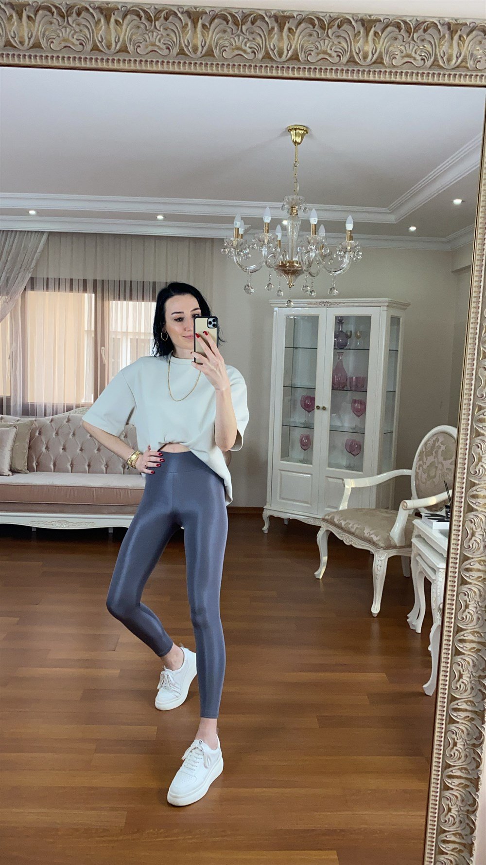 Gri Yüksek Bel Toparlayıcı Jogging Tayt