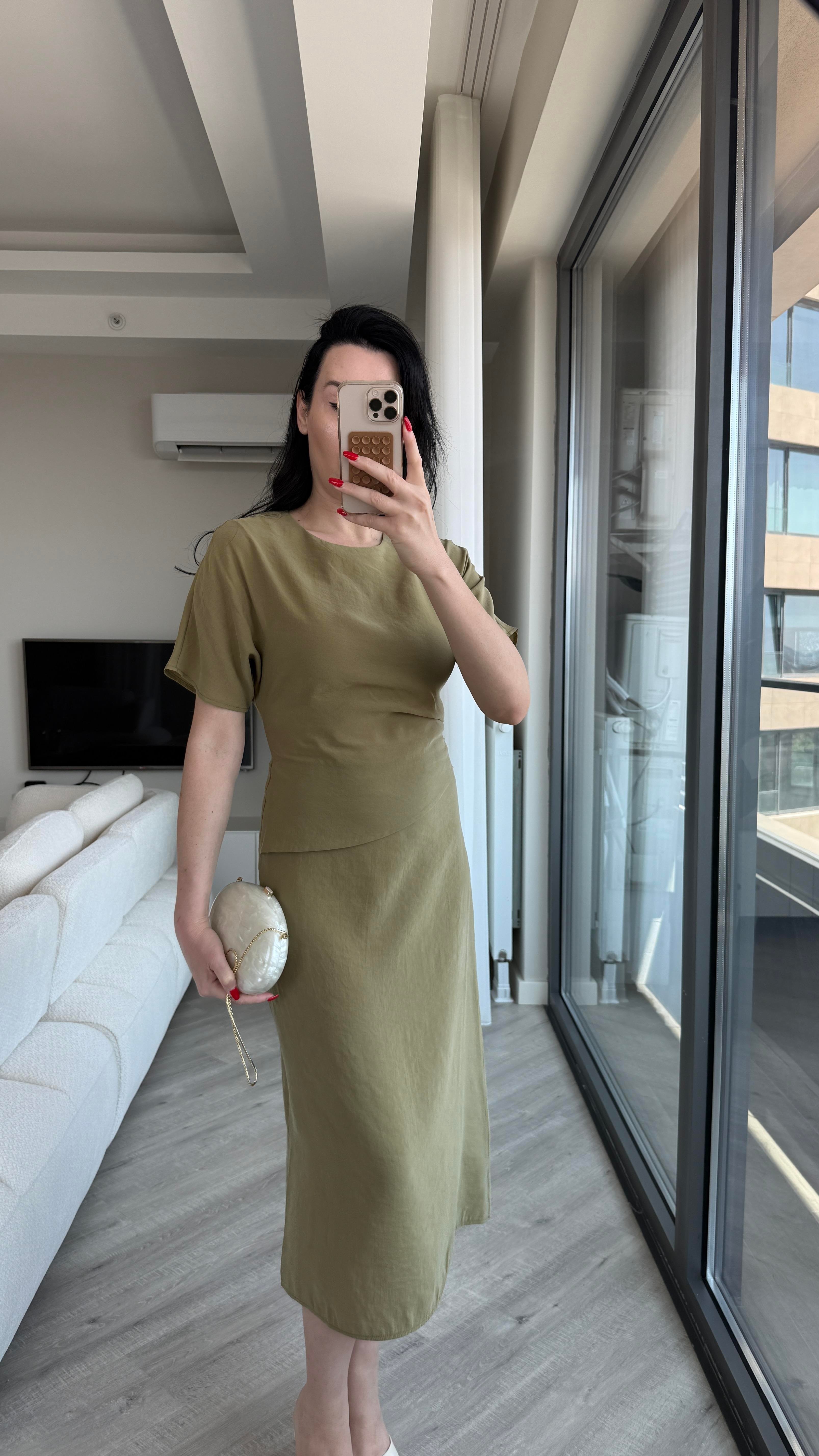 Haki Drape Detaylı Tensel Elbise