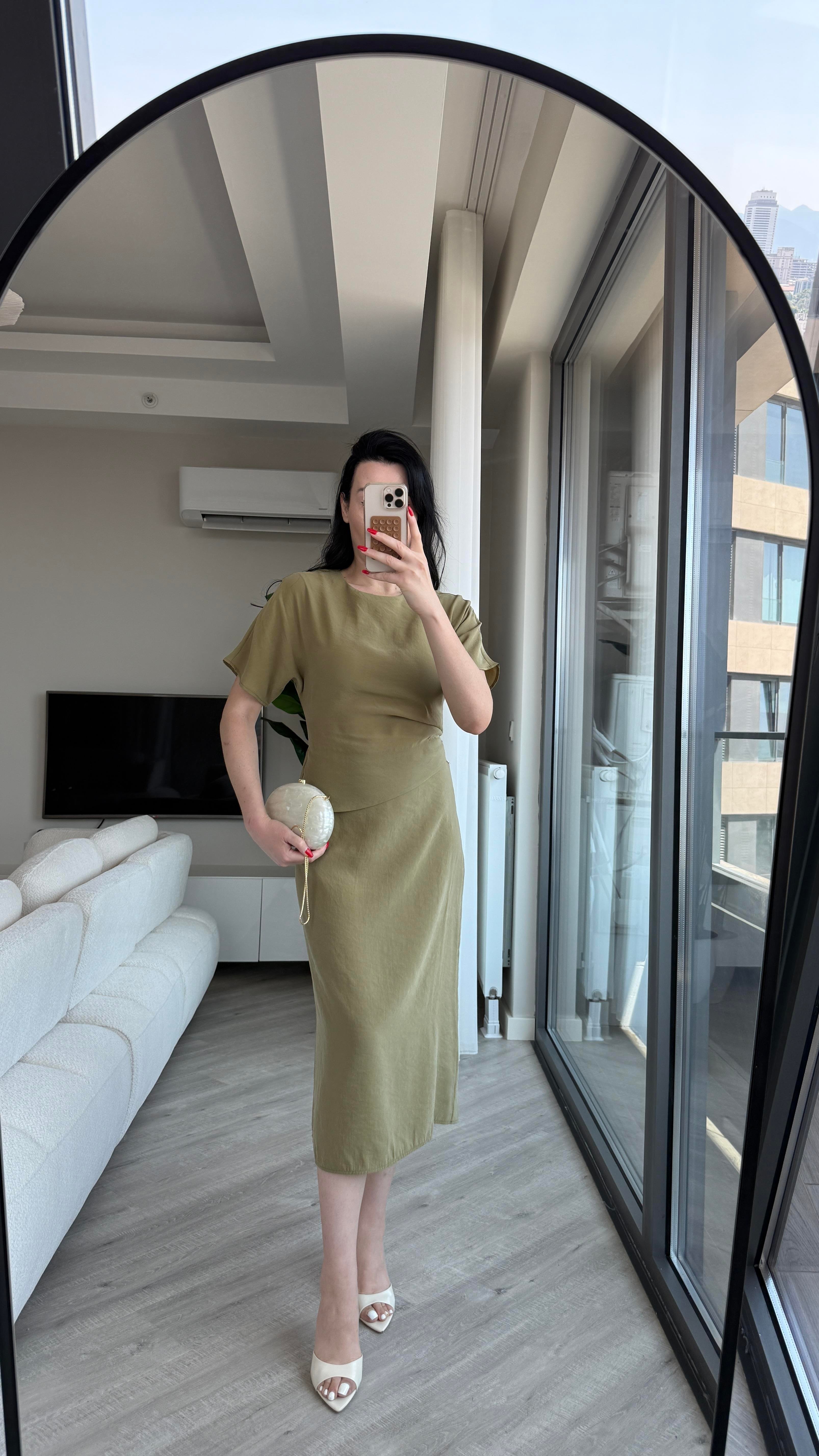 Haki Drape Detaylı Tensel Elbise
