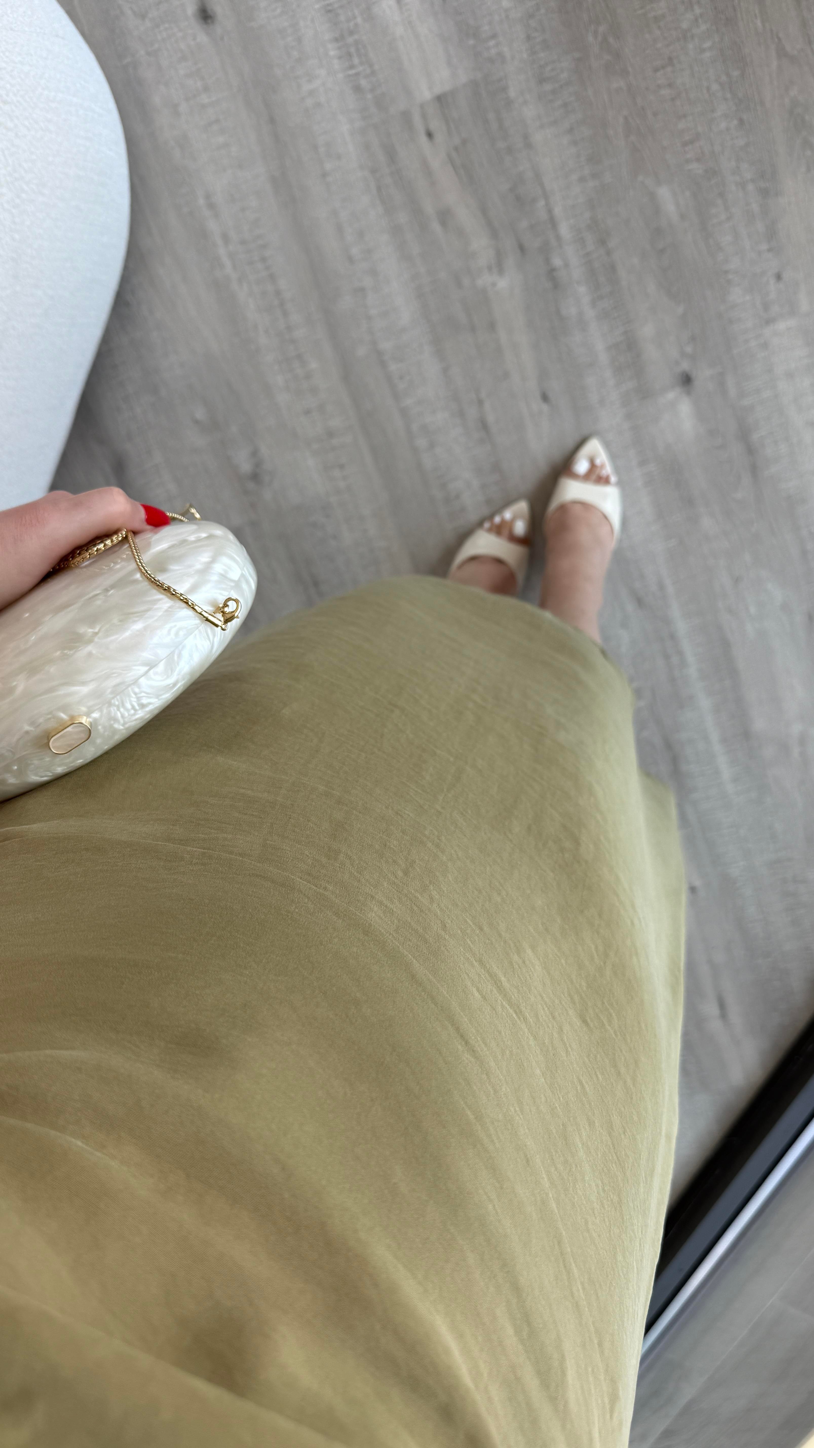 Haki Drape Detaylı Tensel Elbise