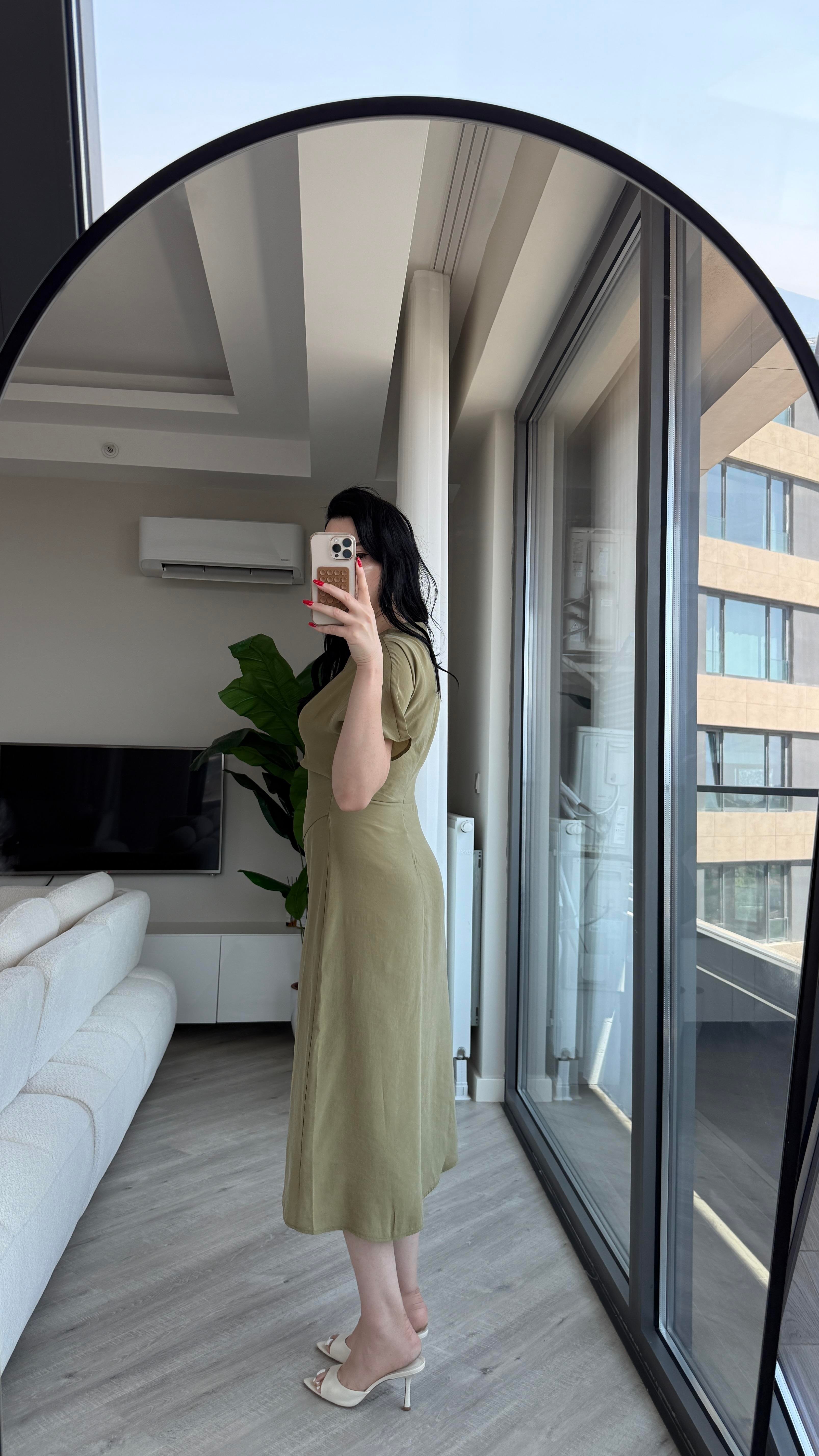 Haki Drape Detaylı Tensel Elbise