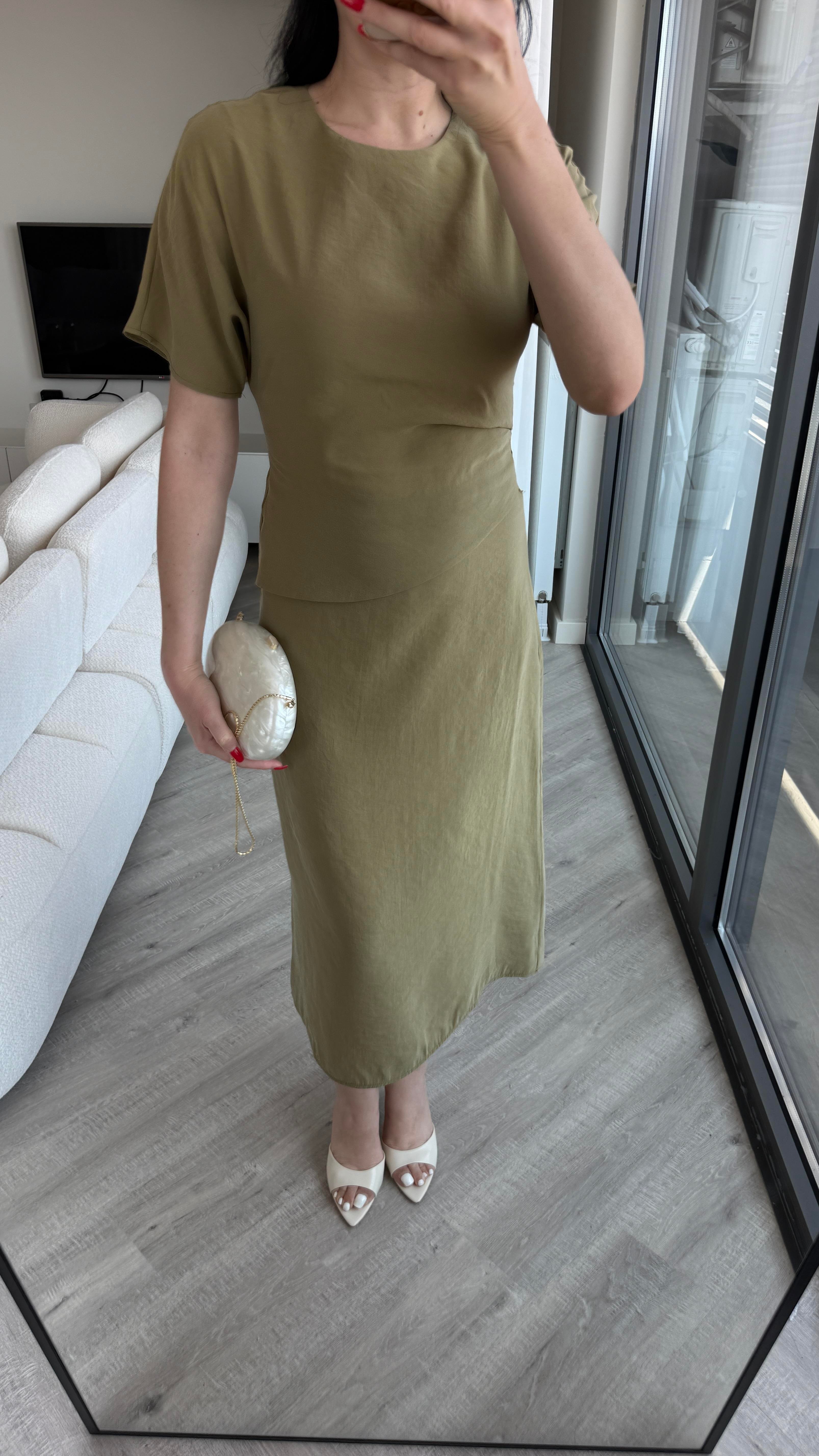 Haki Drape Detaylı Tensel Elbise