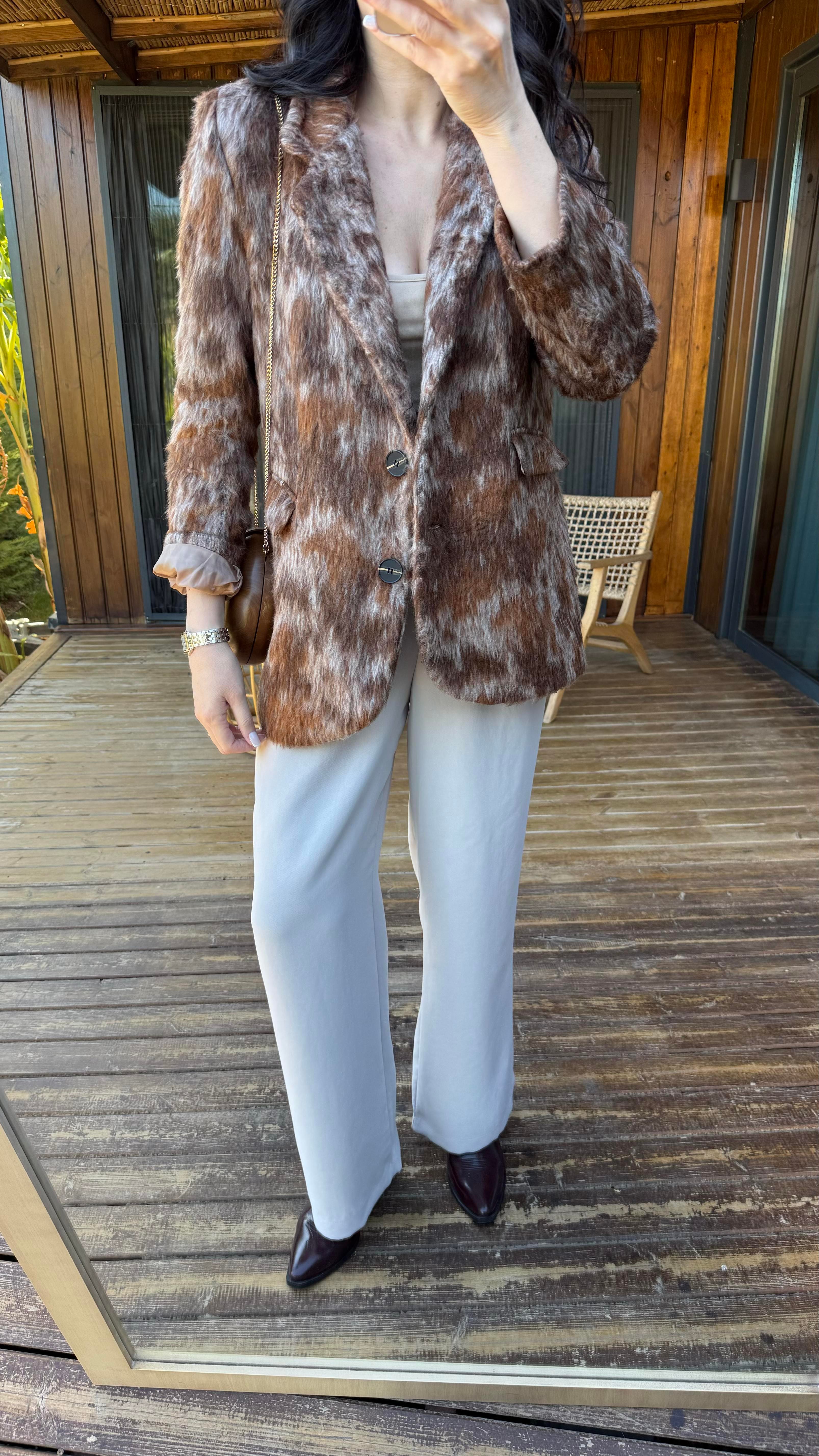 Kahve Astarlı Yün Kaşe Blazer Ceket