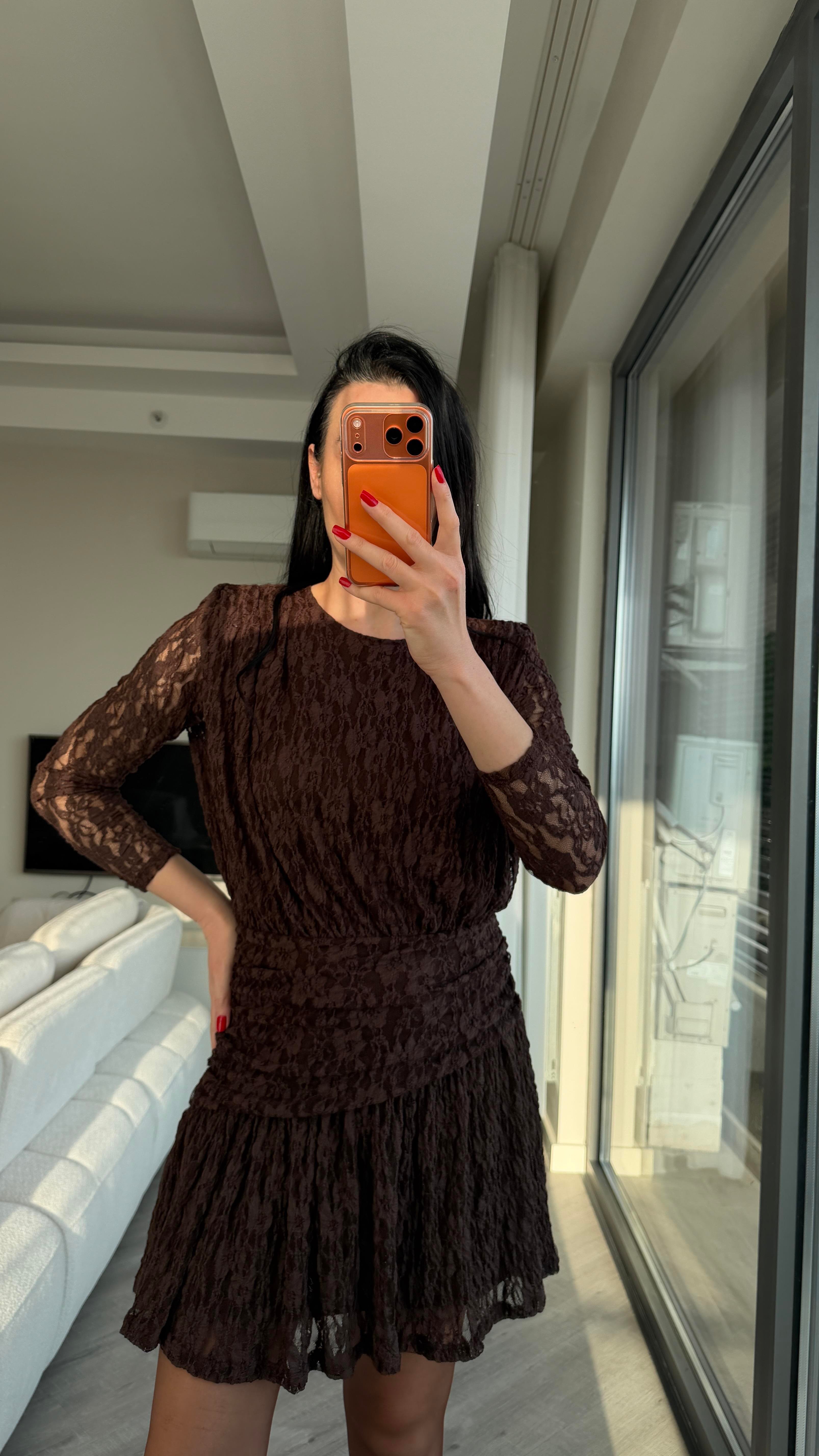 Kahve Dantel Elbise