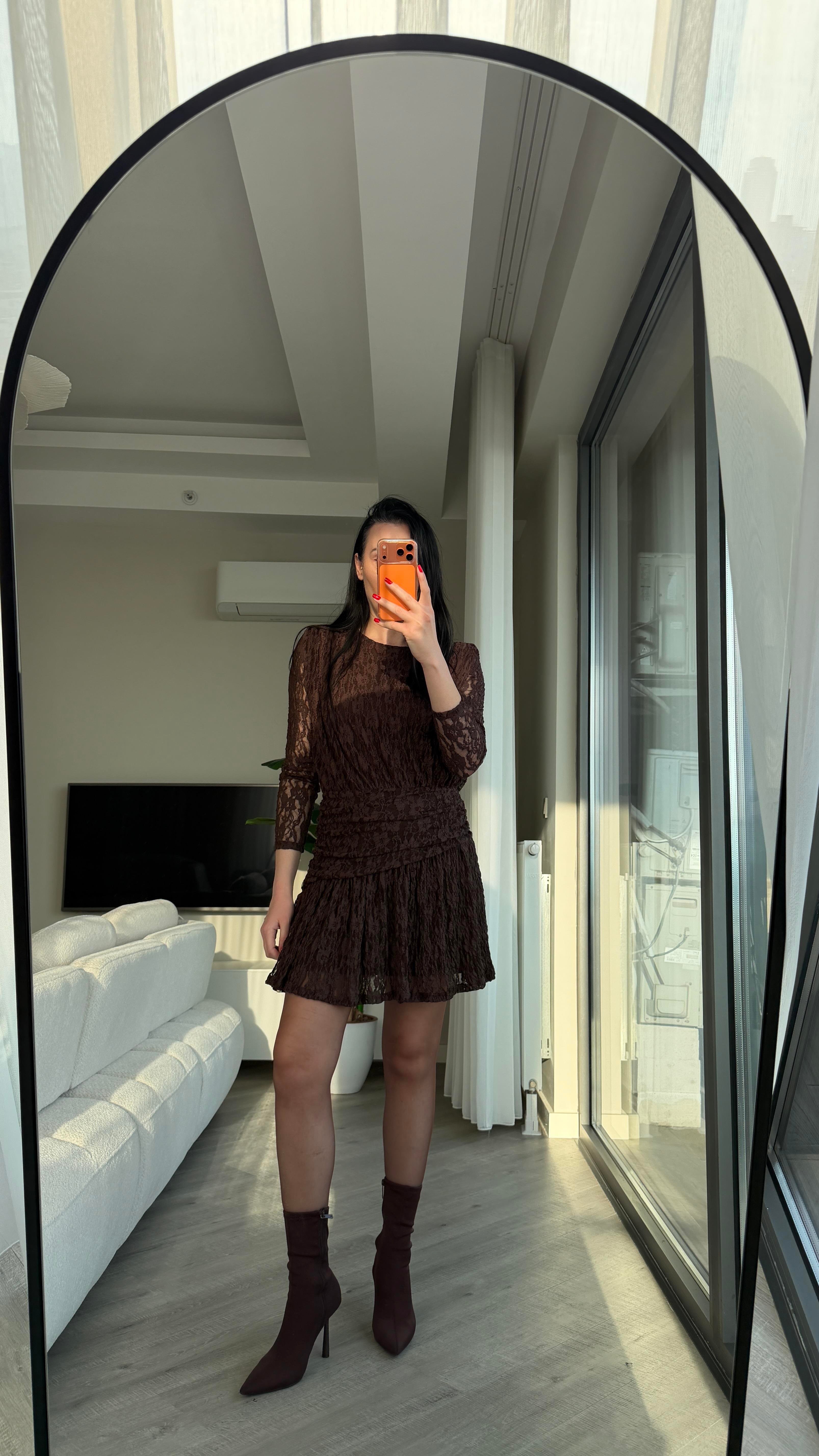 Kahve Dantel Elbise
