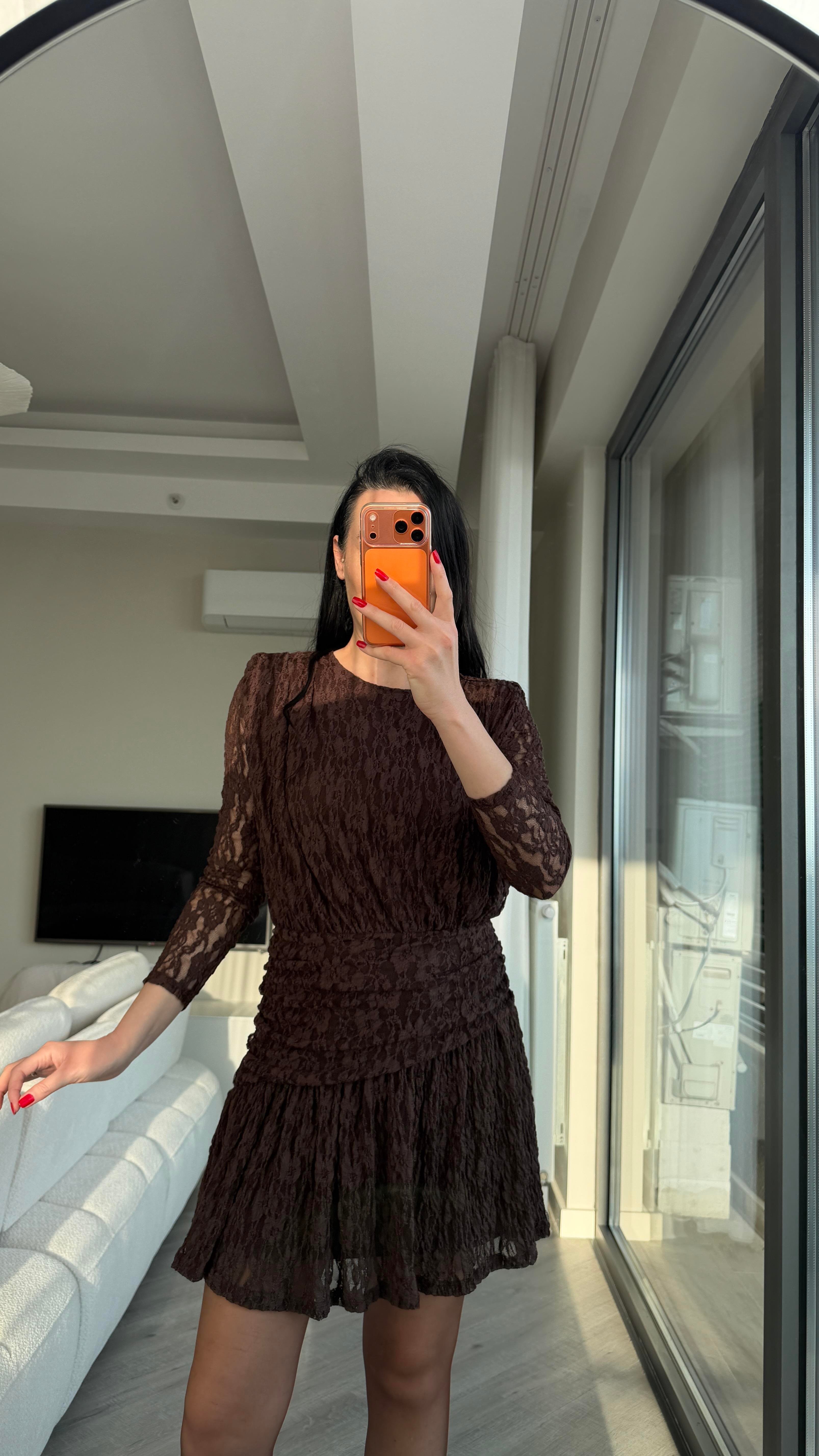 Kahve Dantel Elbise