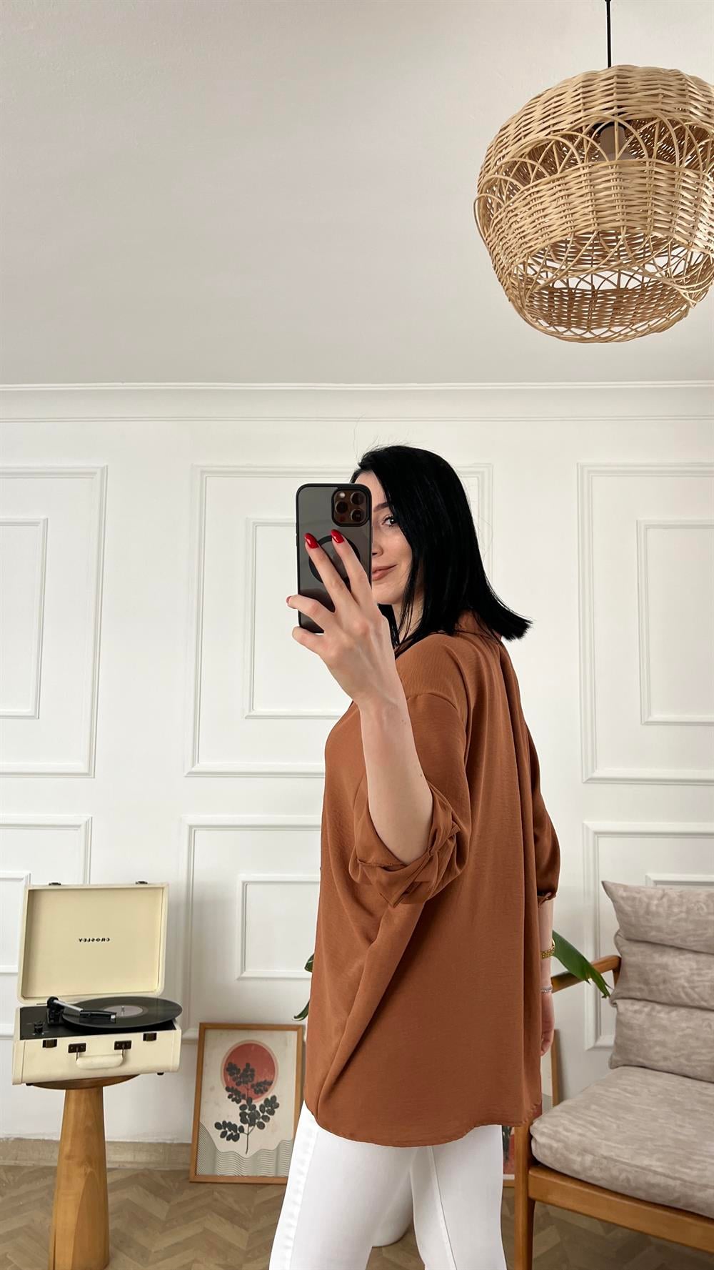 Kahve Tensel Kumaş Oversize Gömlek