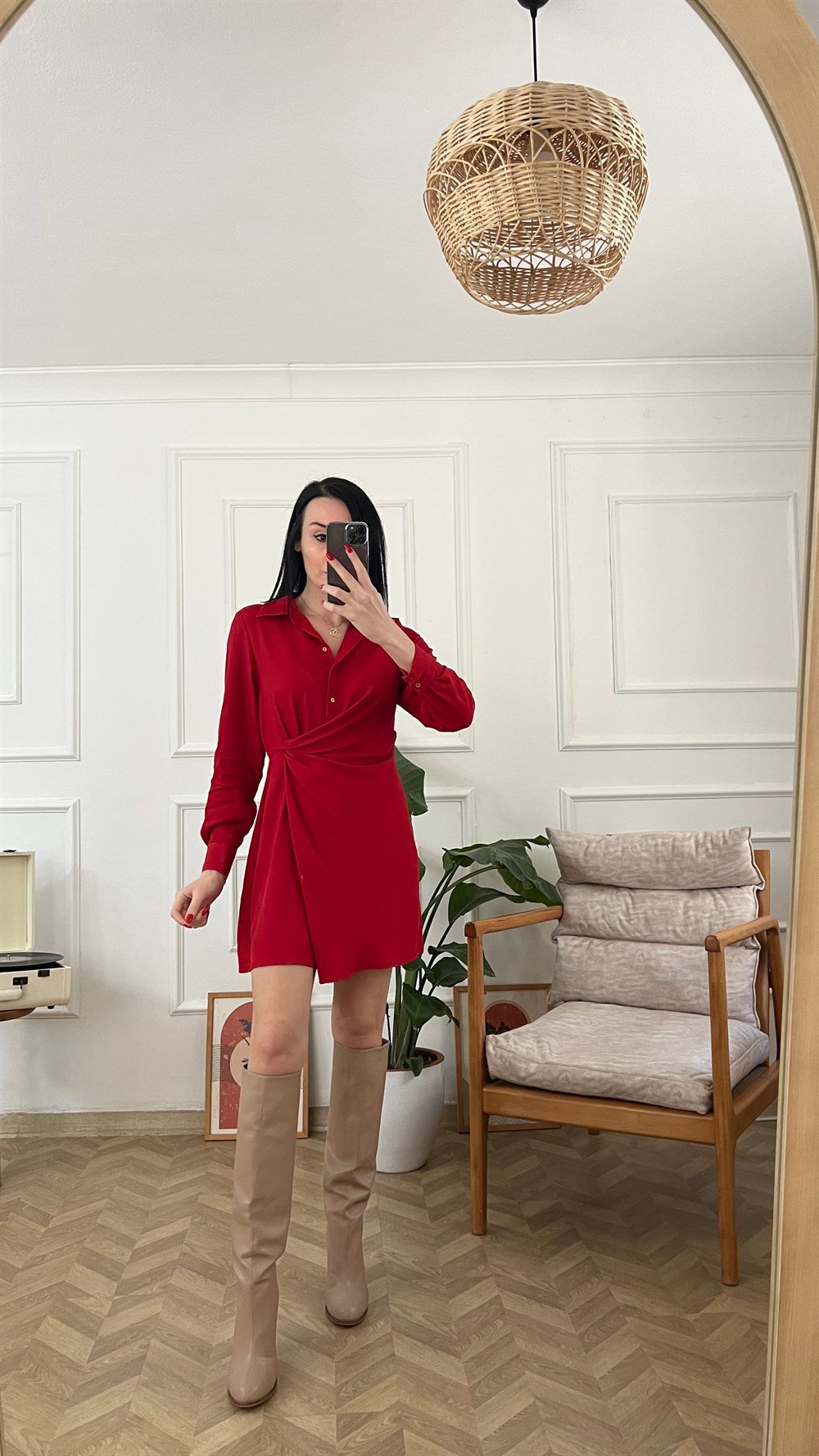 Kırmızı Drape Detaylı Elbise