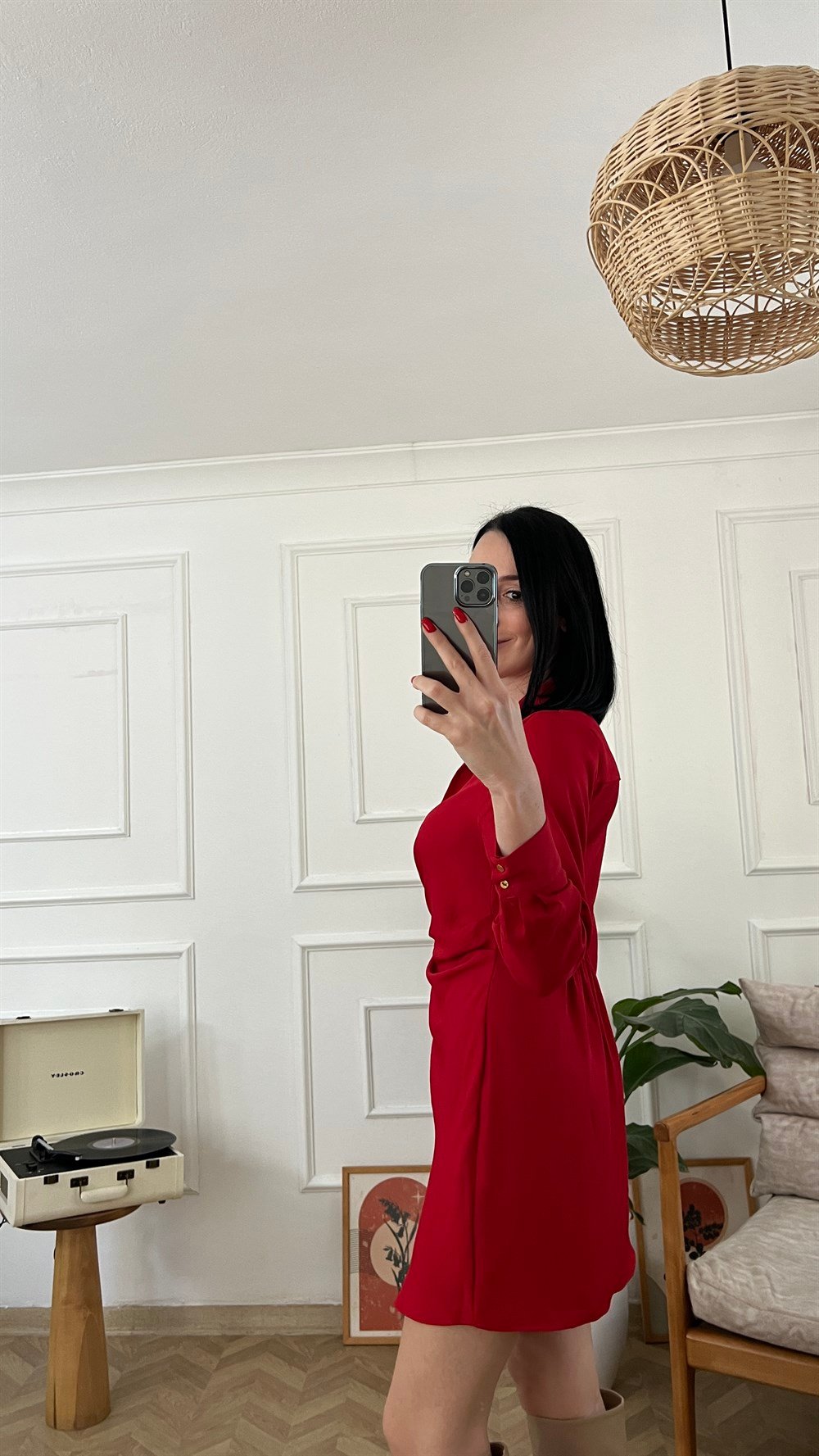 Kırmızı Drape Detaylı Elbise