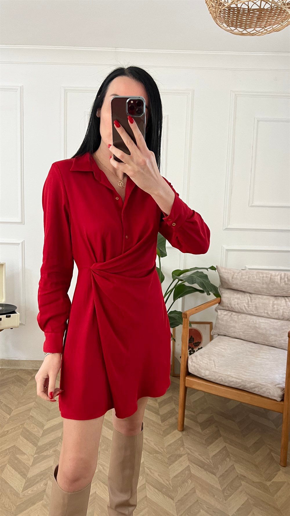 Kırmızı Drape Detaylı Elbise