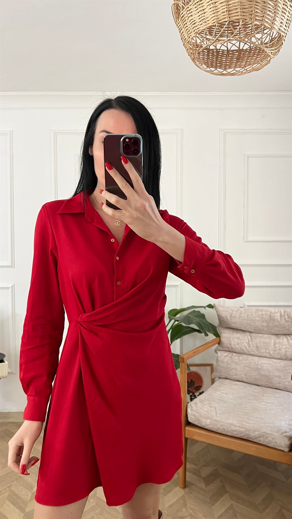 Kırmızı Drape Detaylı Elbise