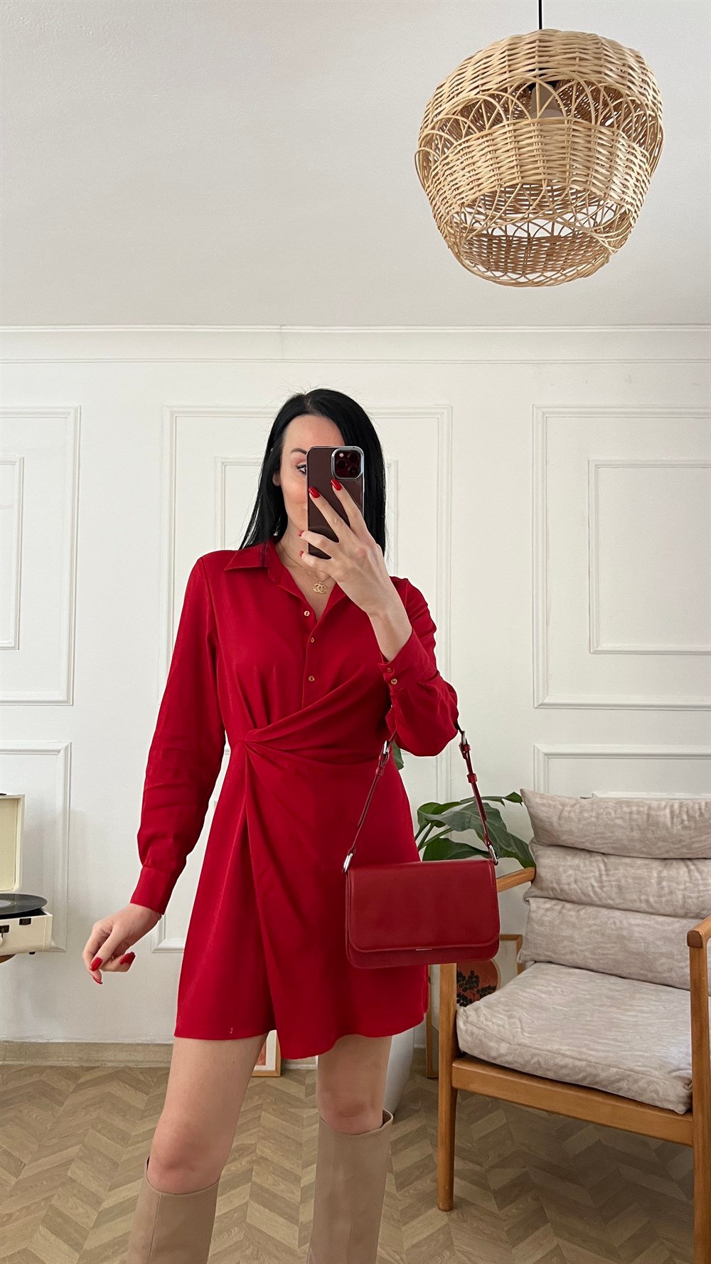 Kırmızı Drape Detaylı Elbise
