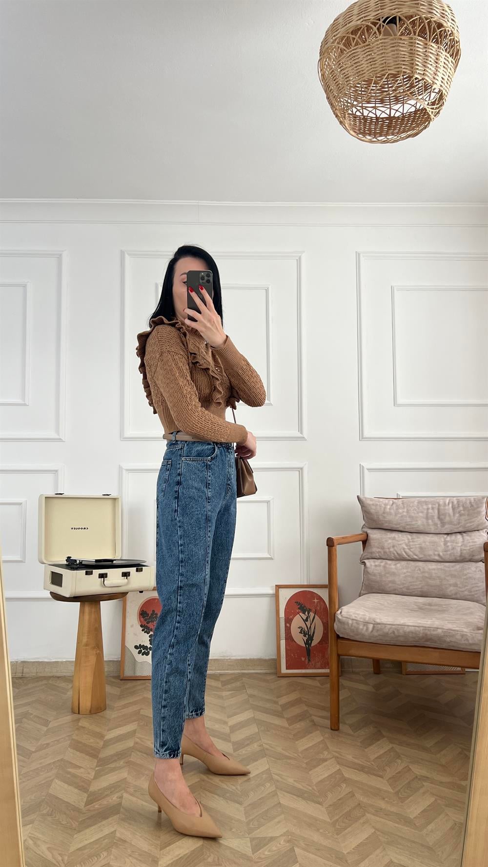 Koyu Kar Yıkama Parçalı Mom Fit Jean