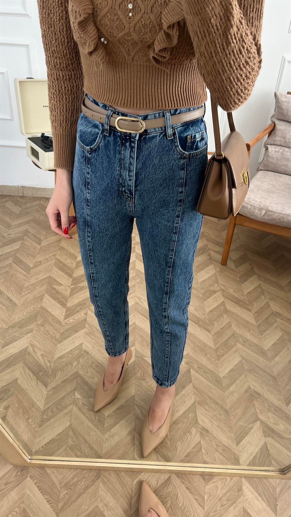 Koyu Kar Yıkama Parçalı Mom Fit Jean