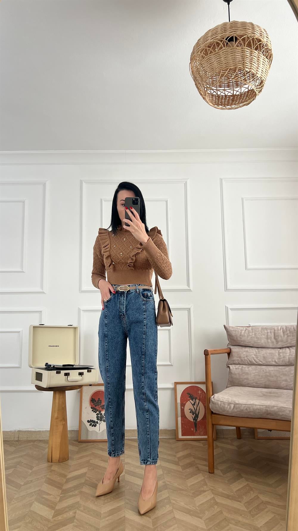 Koyu Kar Yıkama Parçalı Mom Fit Jean