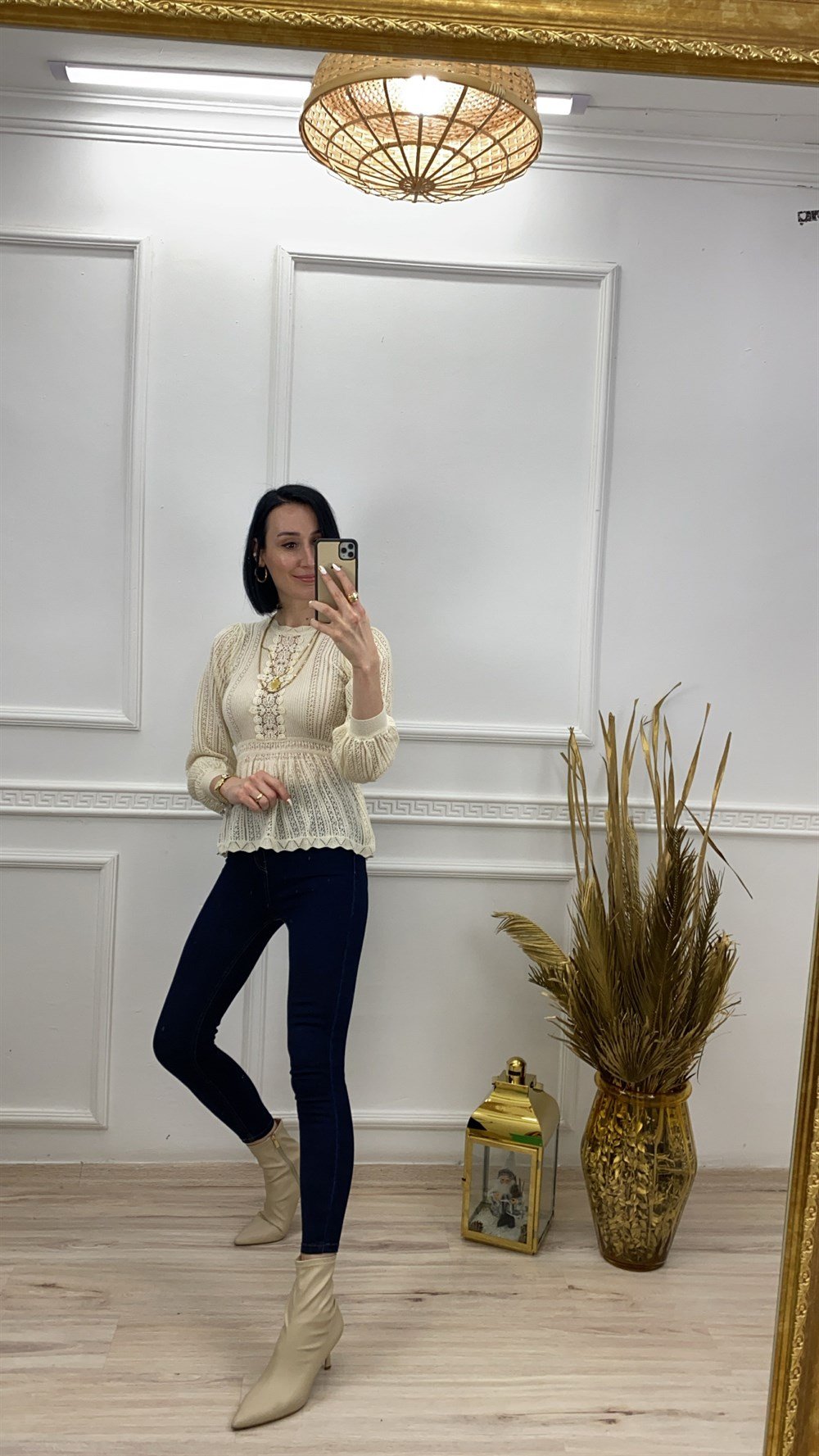 Koyu Mavi Kahve Dikişli Yüksek Bel Toparlayıcı Jean