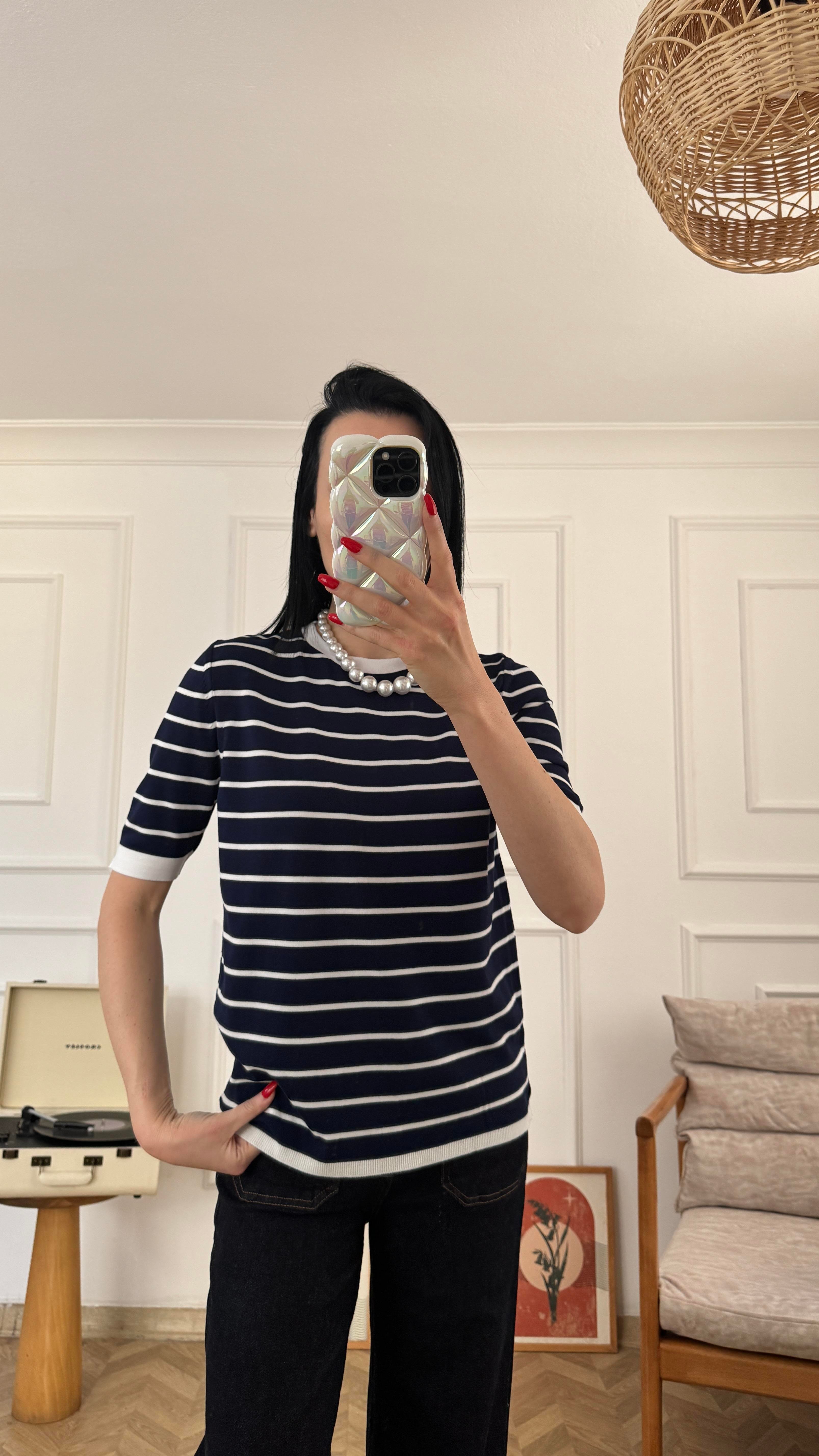 Lacivert Beyaz Çizgili Likralı Triko Tshirt