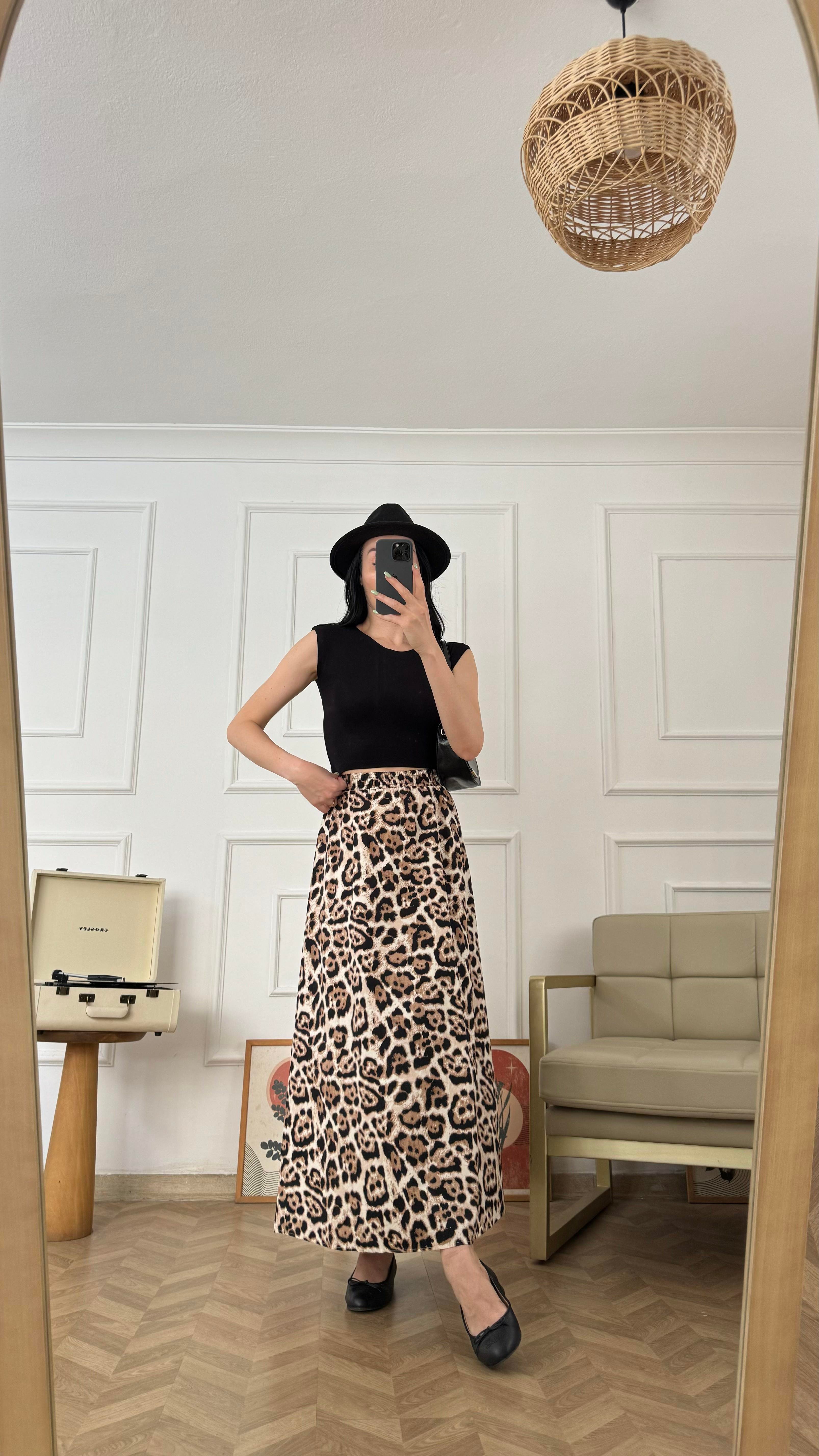 Leopar Desen Poplin Etek