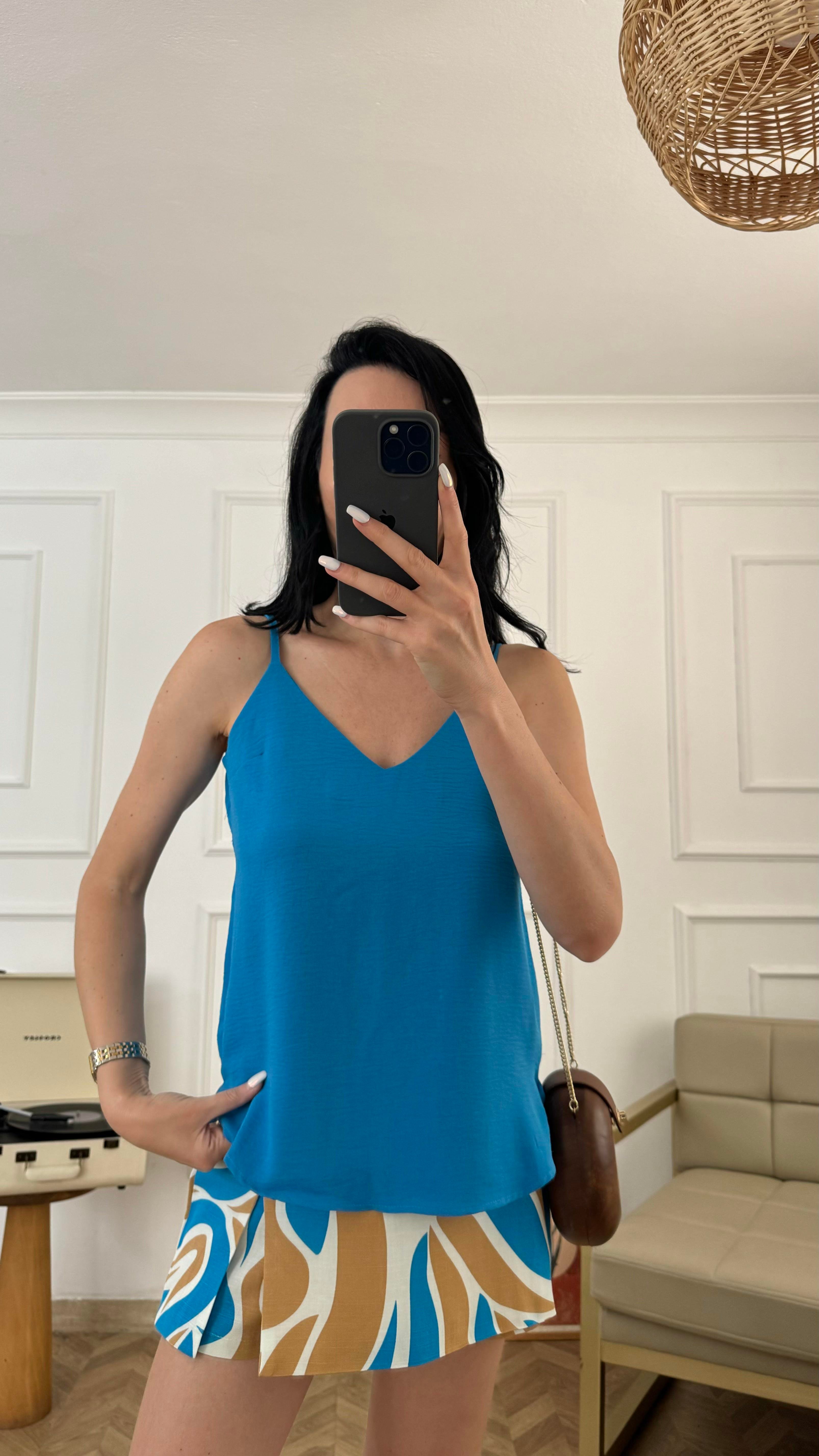 Mavi İp Askılı Tiril Bluz