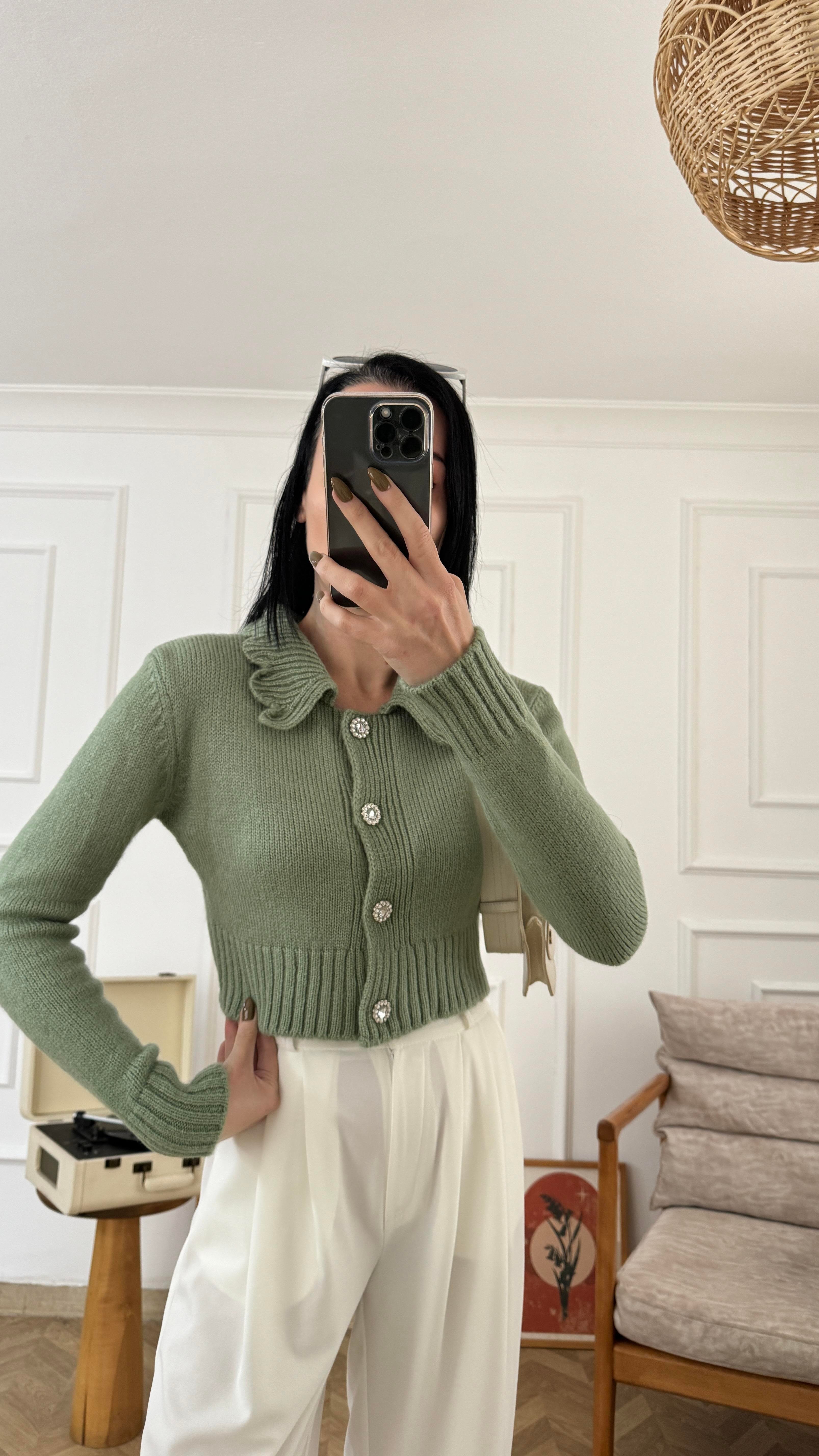 Mint Bebe Yaka Taş Düğmeli Hırka