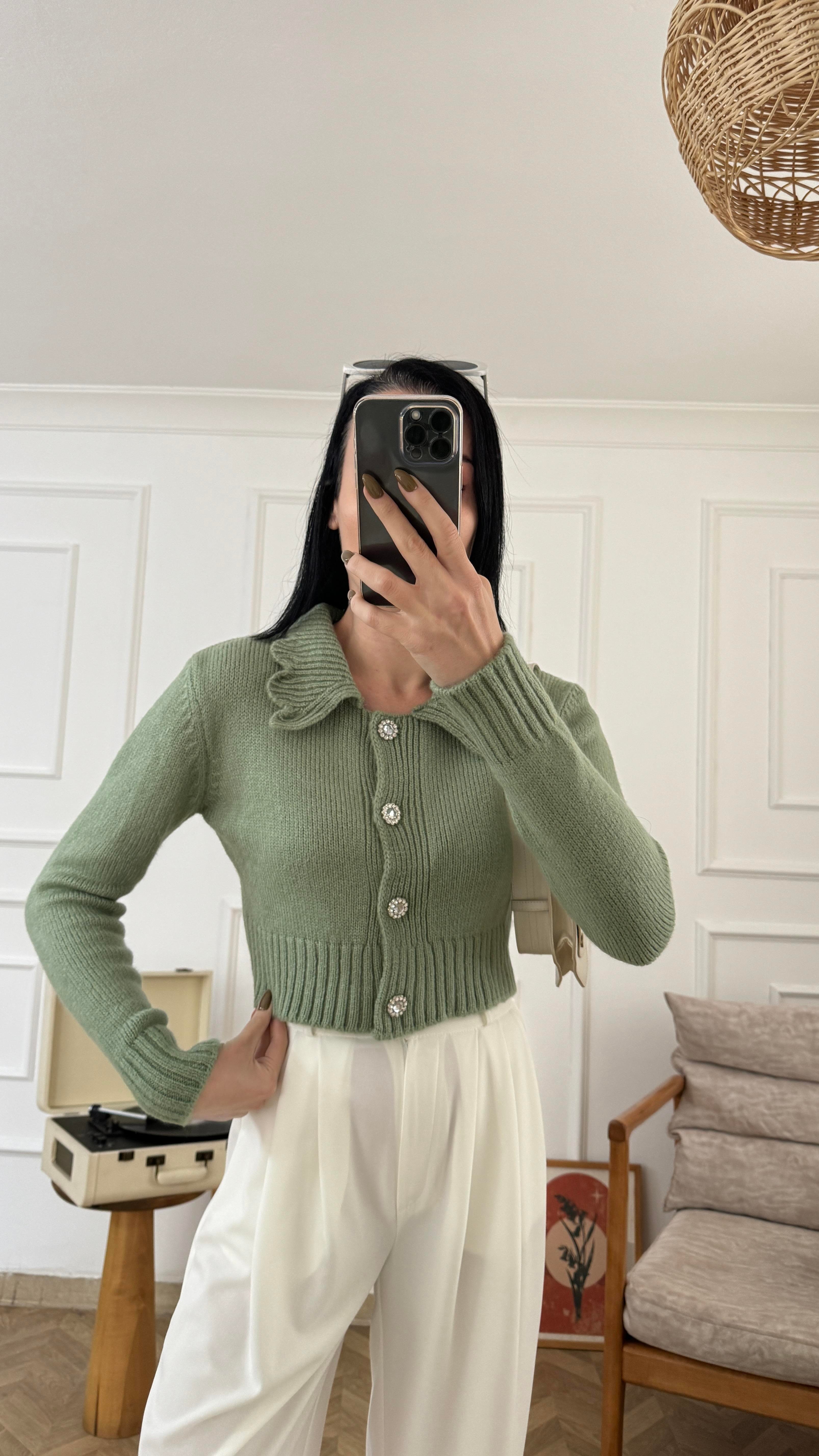 Mint Bebe Yaka Taş Düğmeli Hırka