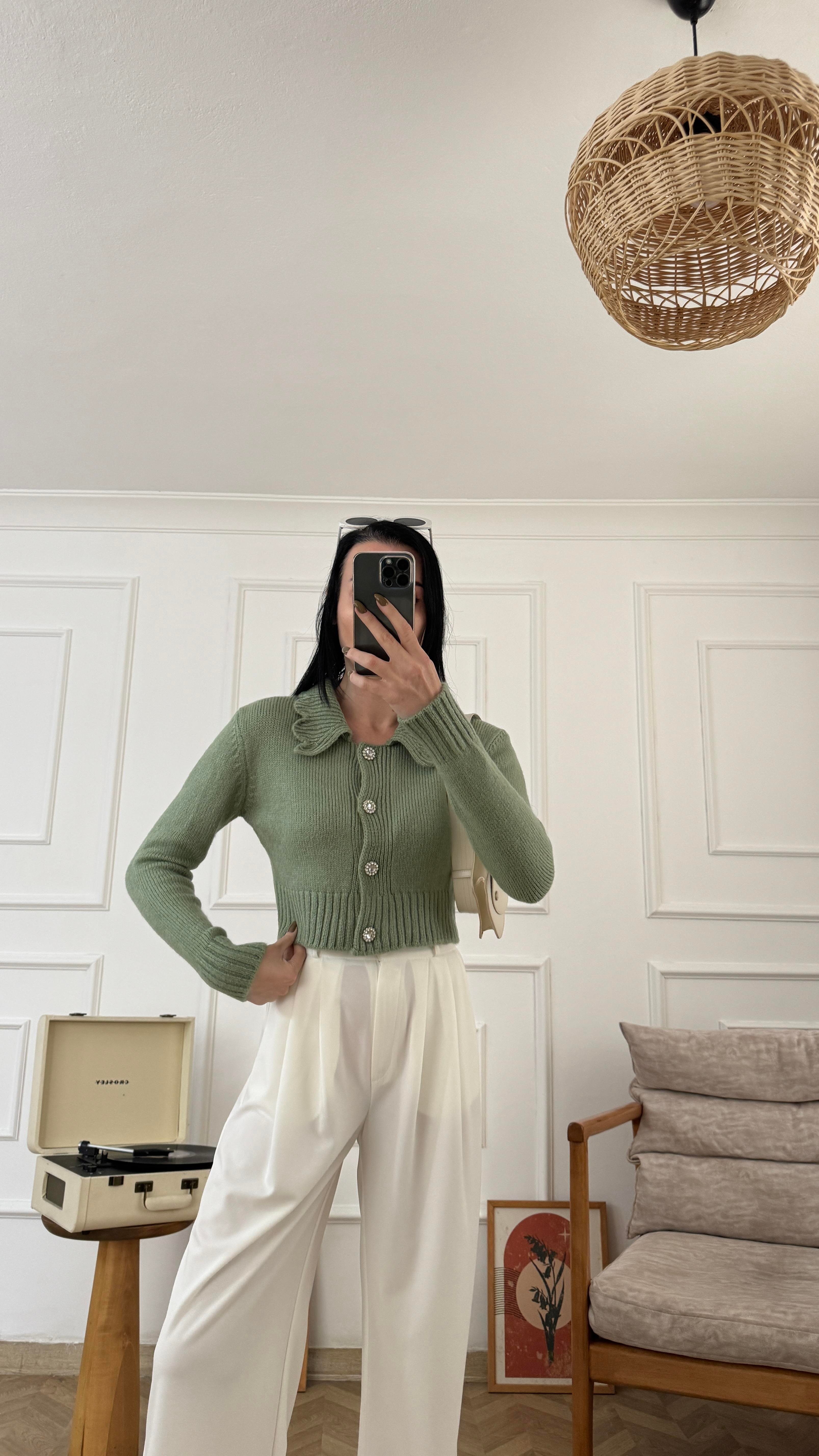 Mint Bebe Yaka Taş Düğmeli Hırka