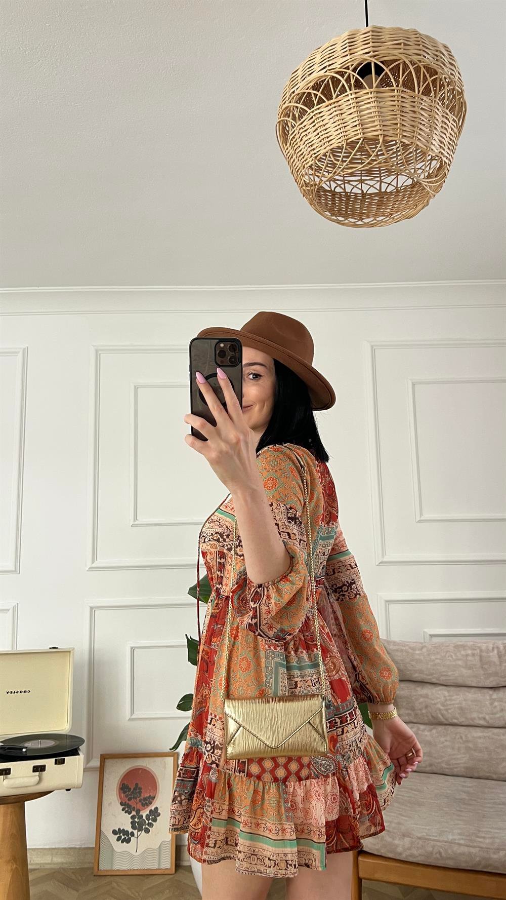 Patchwork Desenli Şifon Elbise