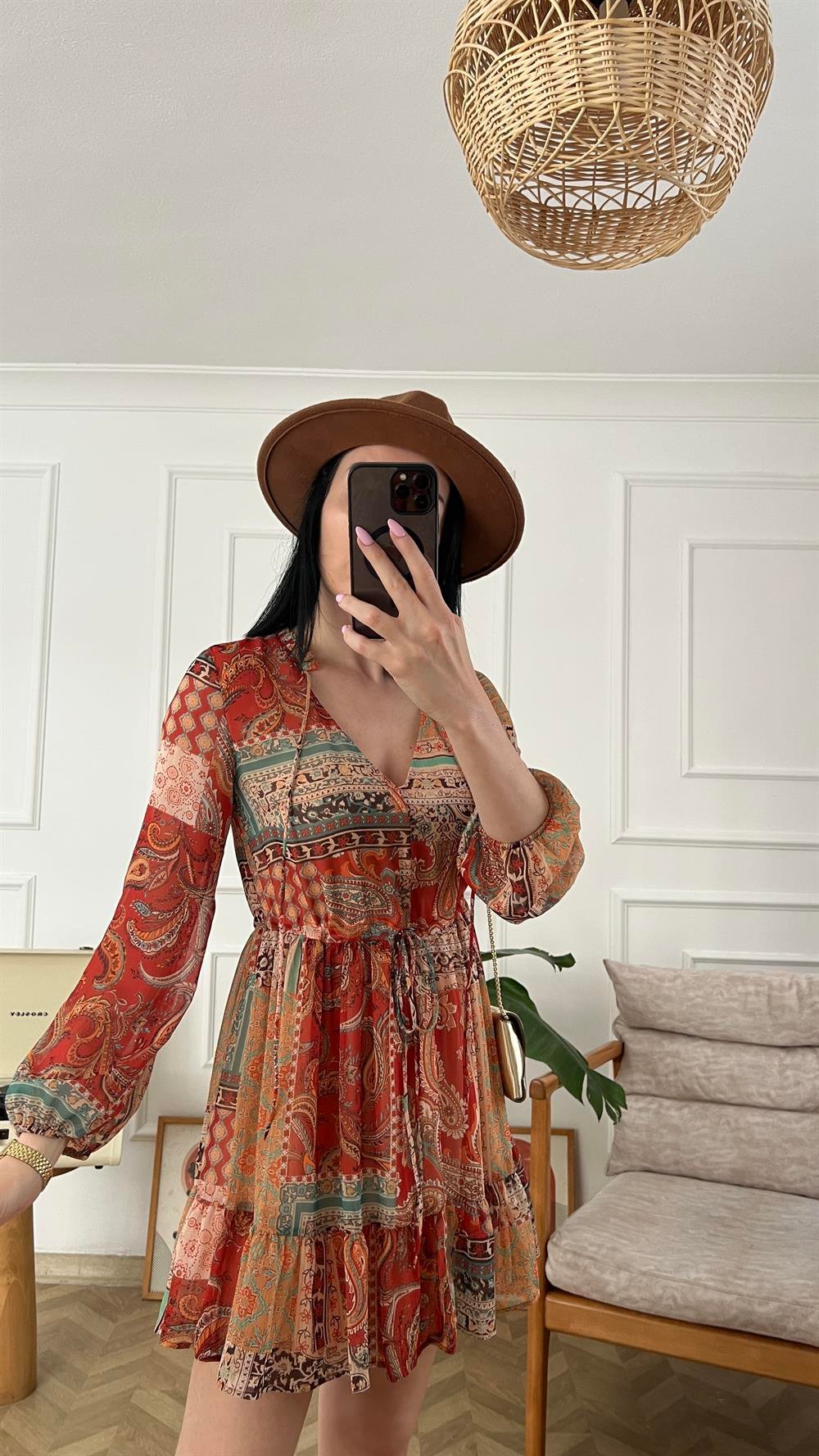 Patchwork Desenli Şifon Elbise