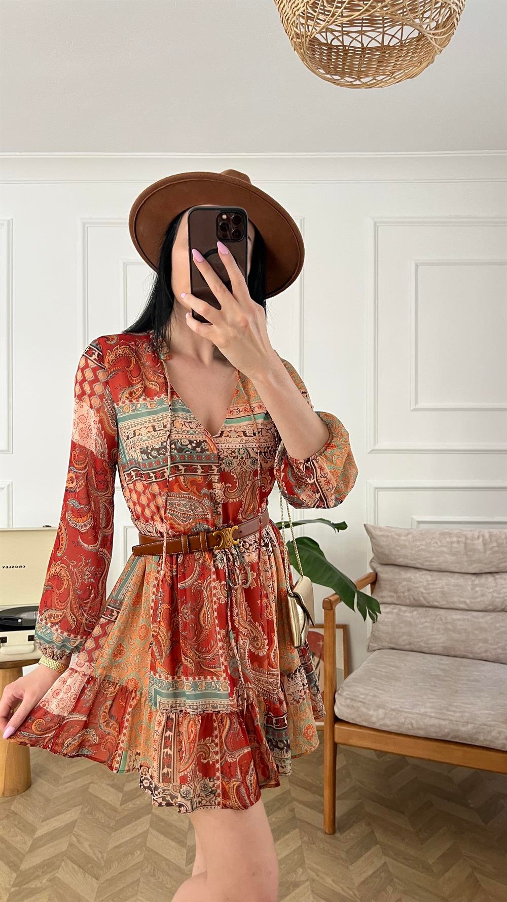 Patchwork Desenli Şifon Elbise