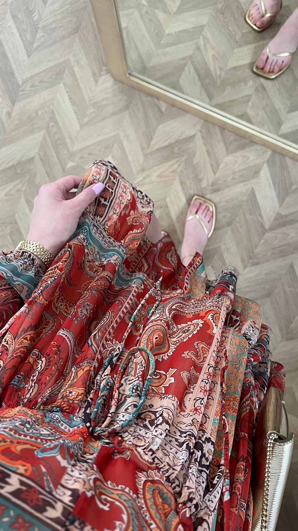 Patchwork Desenli Şifon Elbise