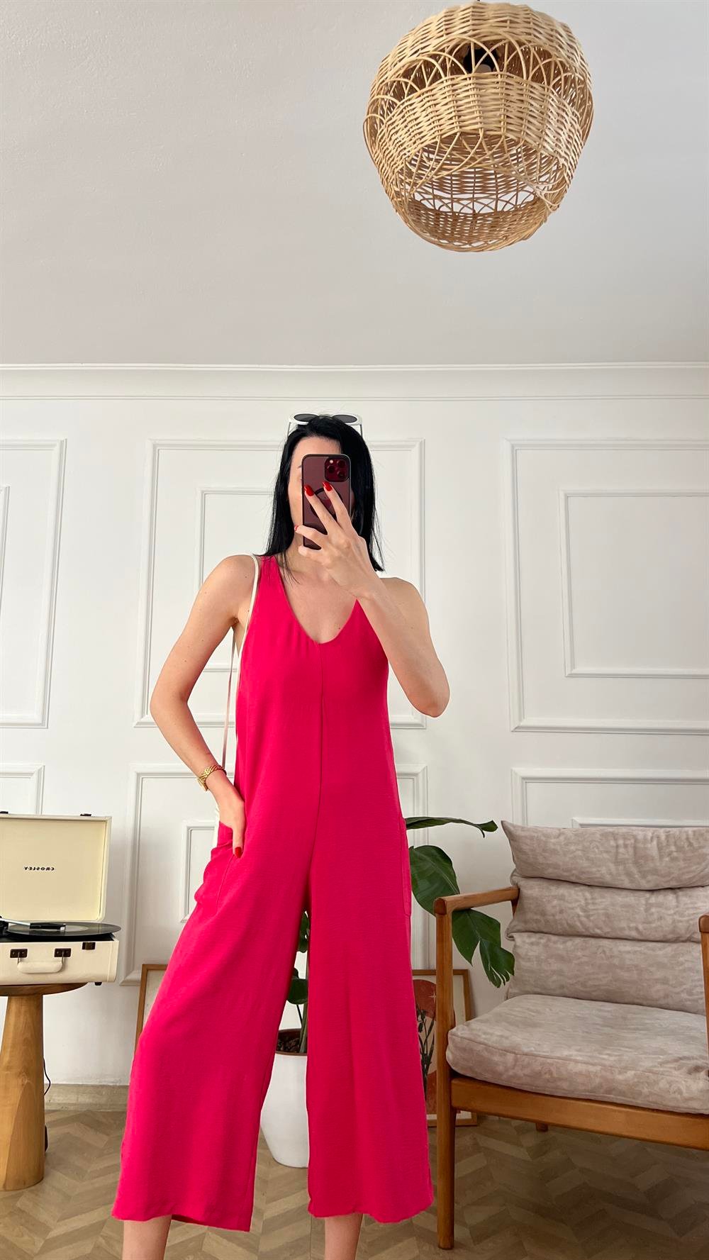 Pembe Arkadan Bağlamalı Cepli Tulum