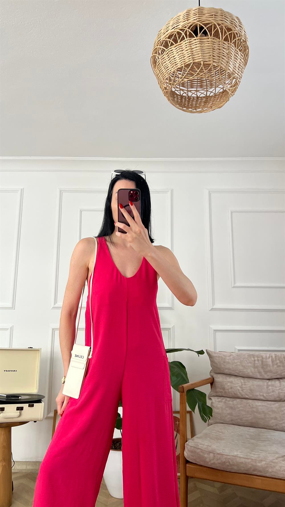 Pembe Arkadan Bağlamalı Cepli Tulum