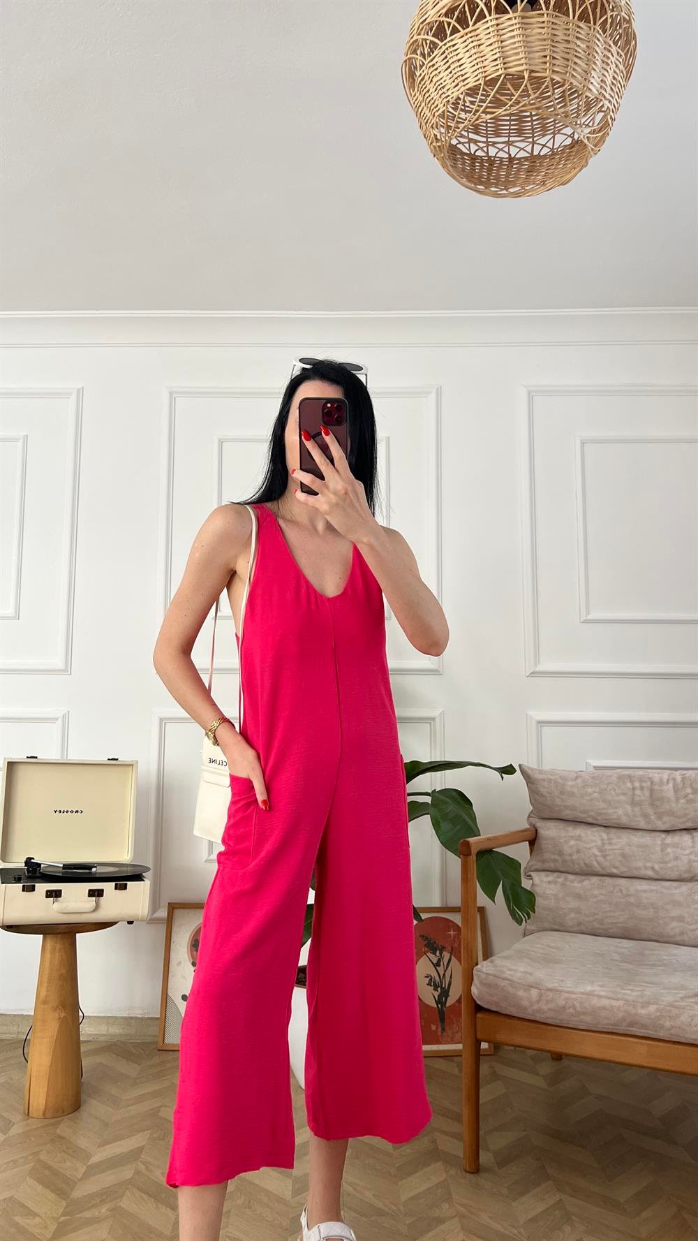 Pembe Arkadan Bağlamalı Cepli Tulum