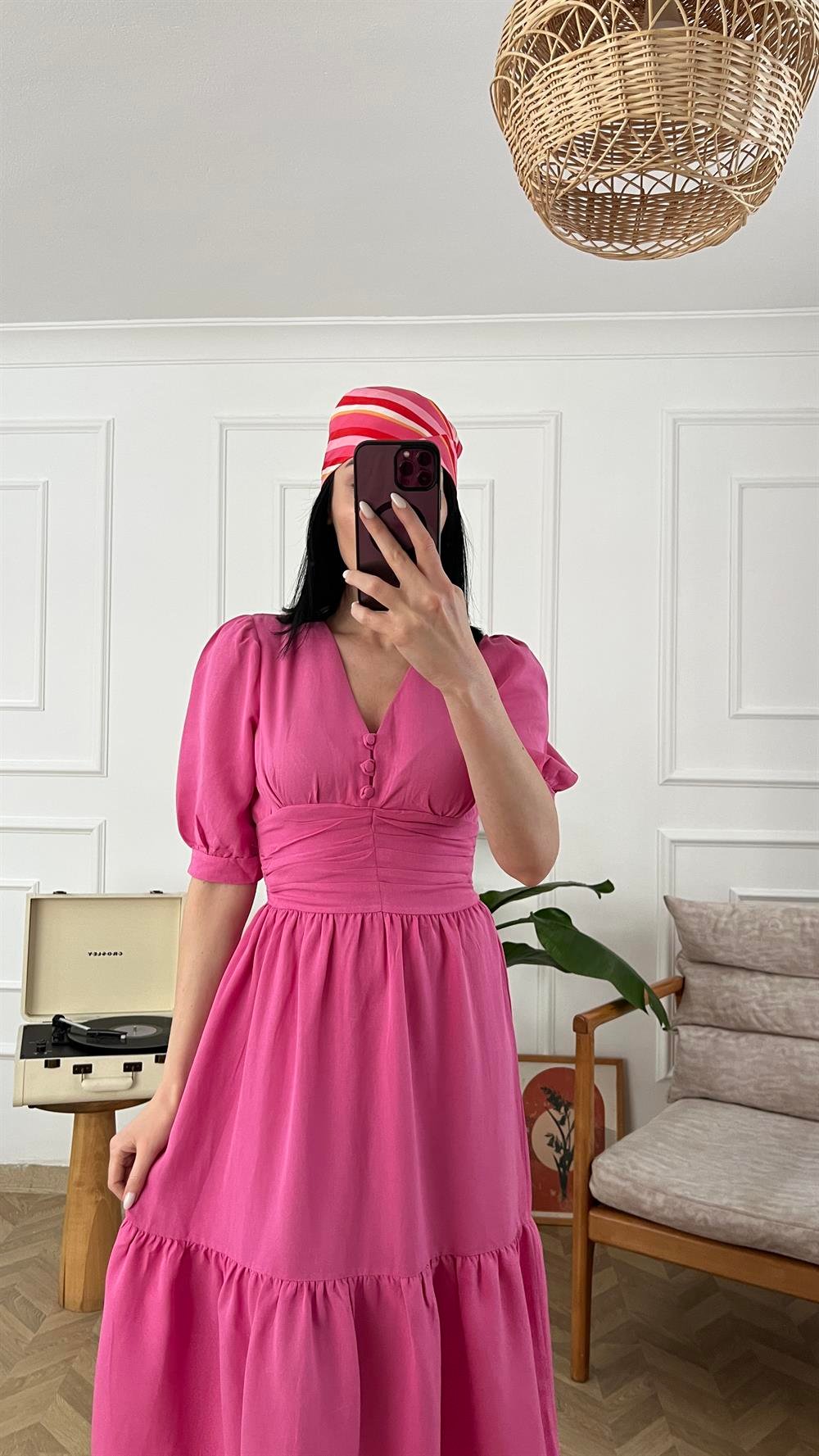 Pembe Beli Drape Detaylı Keten Elbise